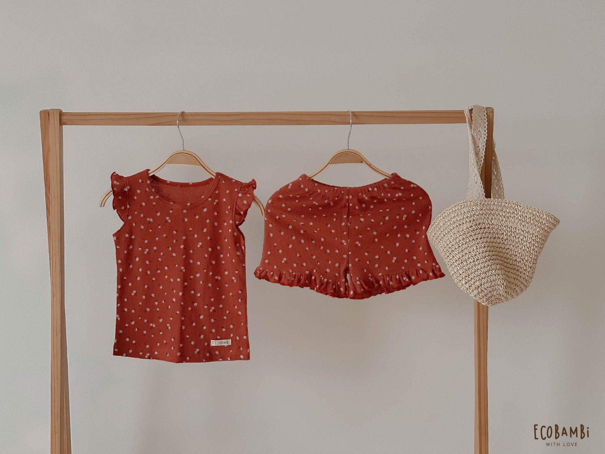 Bộ cotton thun Hàn bé gái TAY CÁNH TIÊN kiểu dệt Waffle hoa nhí Ecobambi