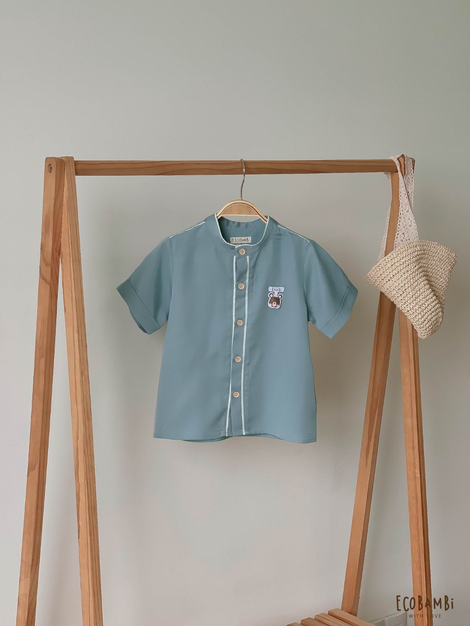 Áo sơ mi bé trai tay ngắn cổ trụ tencel
