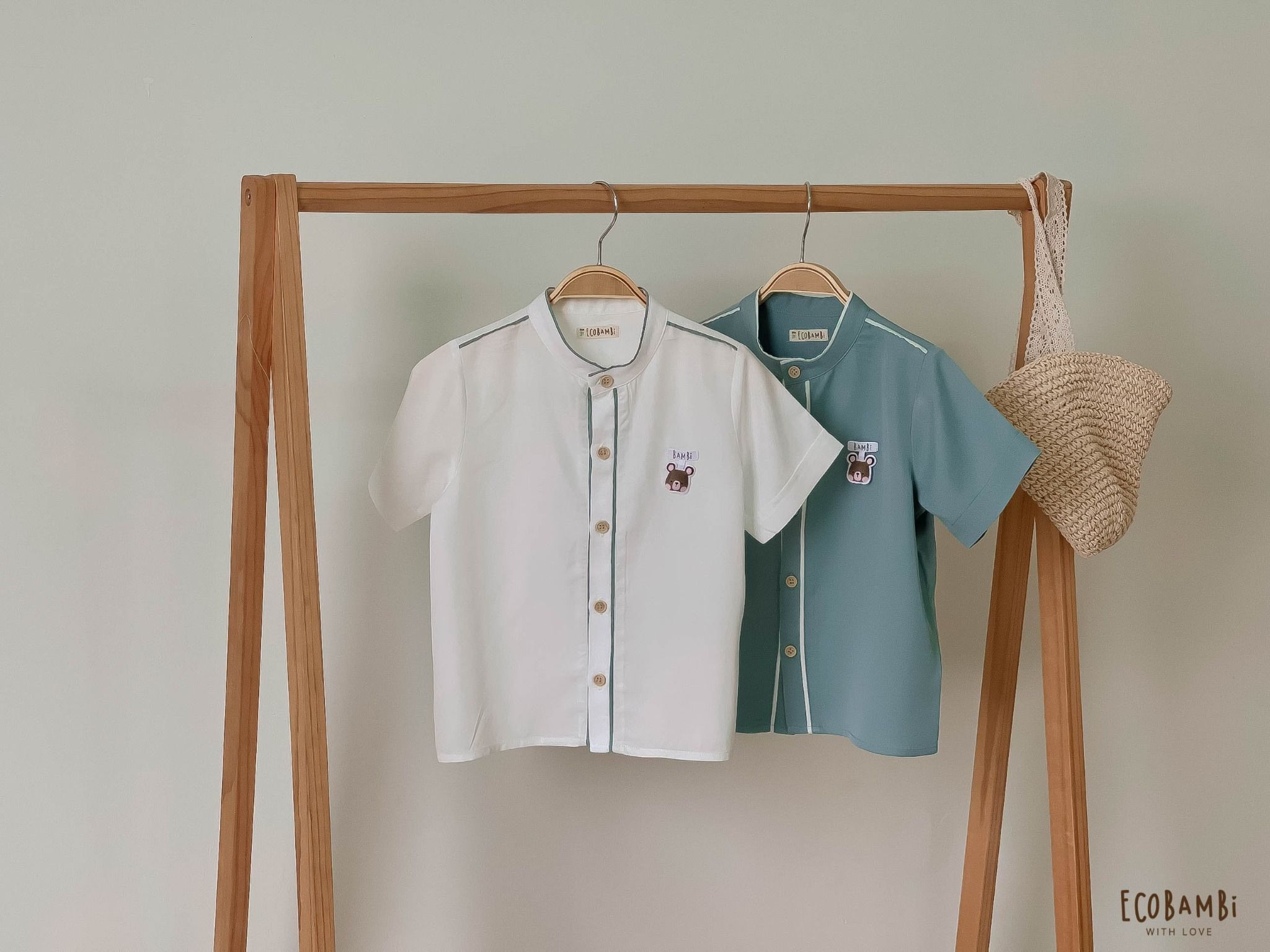 Áo sơ mi bé trai tay ngắn cổ trụ tencel