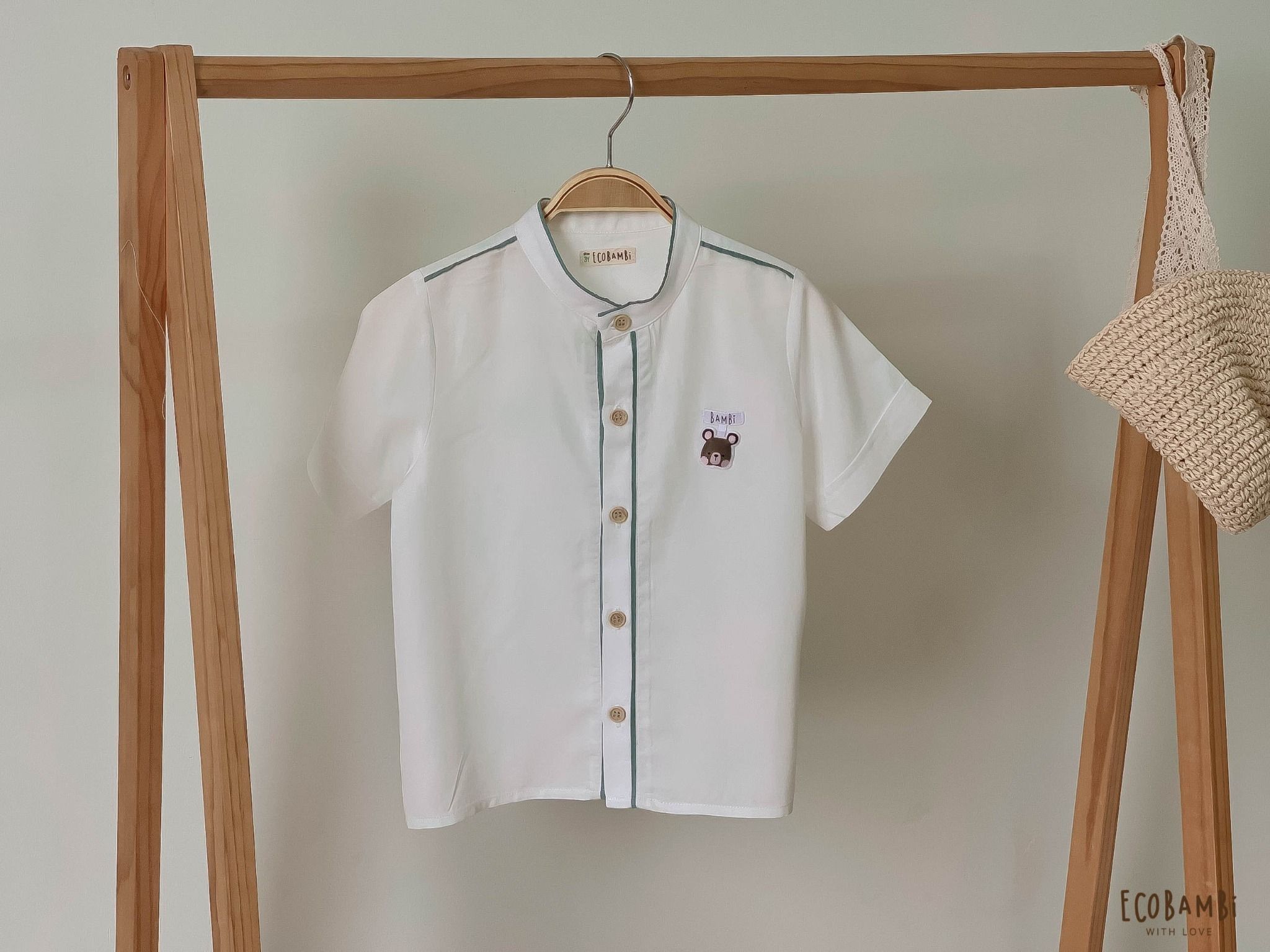Áo sơ mi bé trai tay ngắn cổ trụ tencel