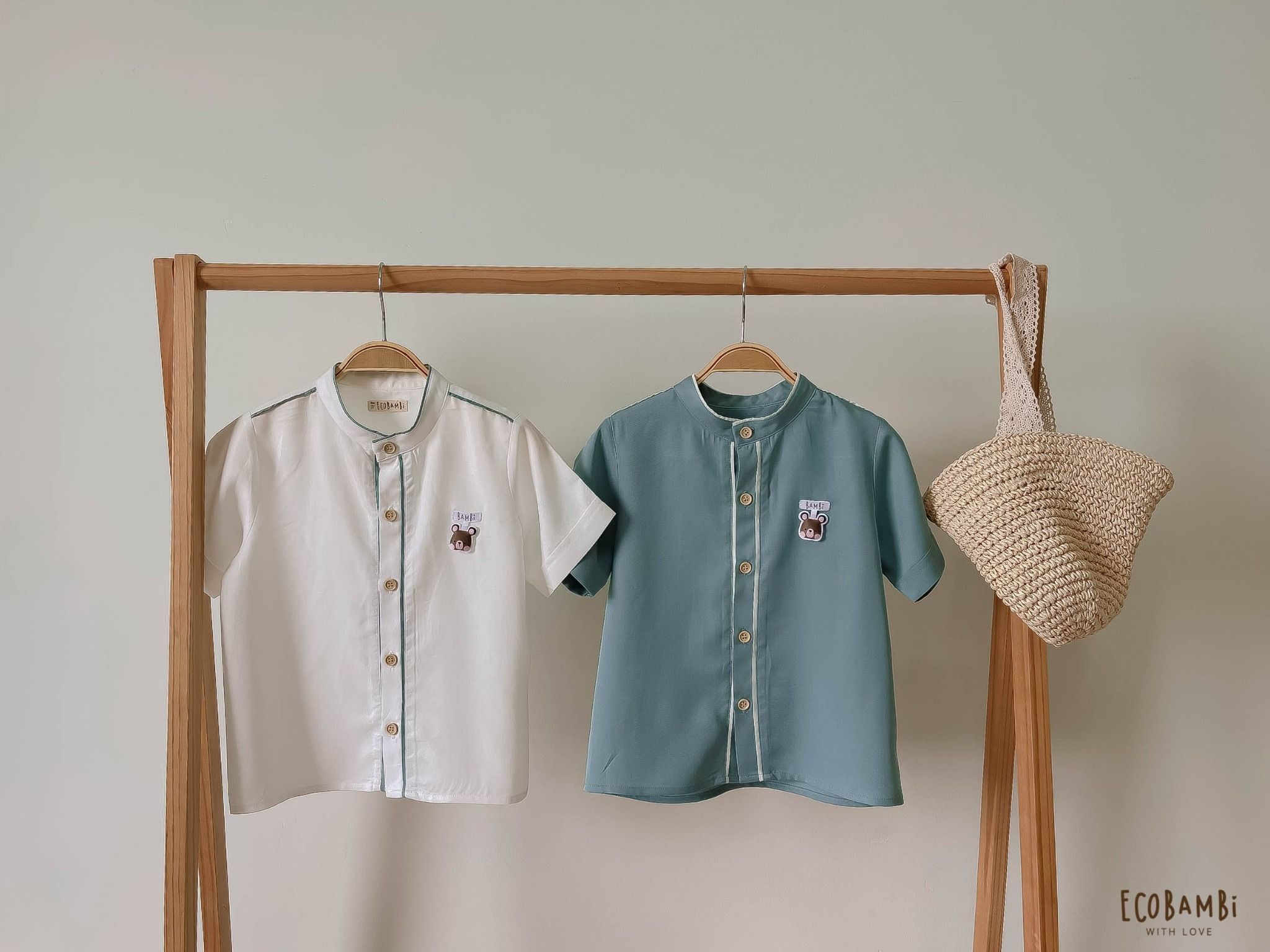 Áo sơ mi bé trai tay ngắn cổ trụ tencel