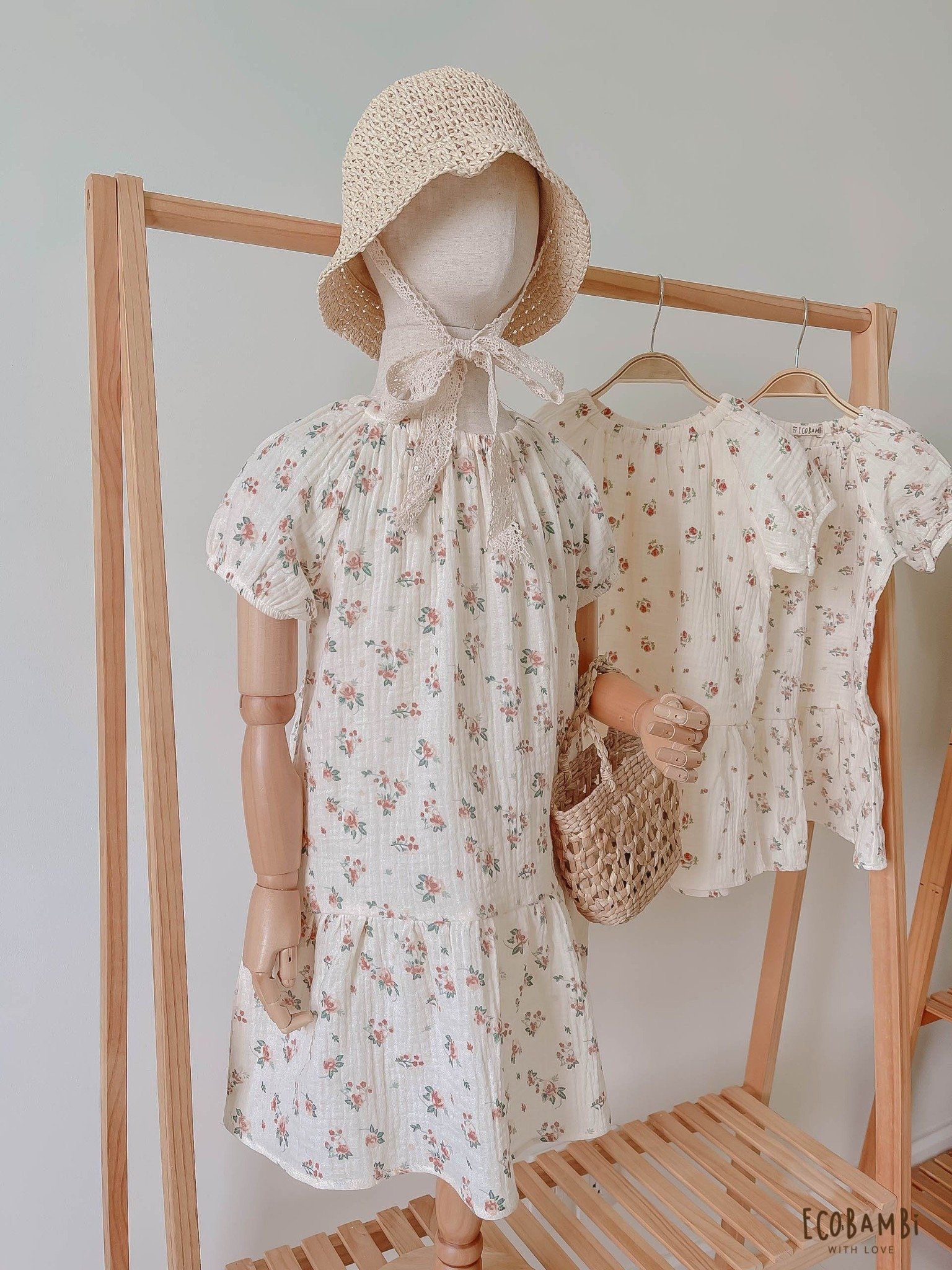 Đầm cotton muslin hoa cỏ mùa xuân dáng tay phồng