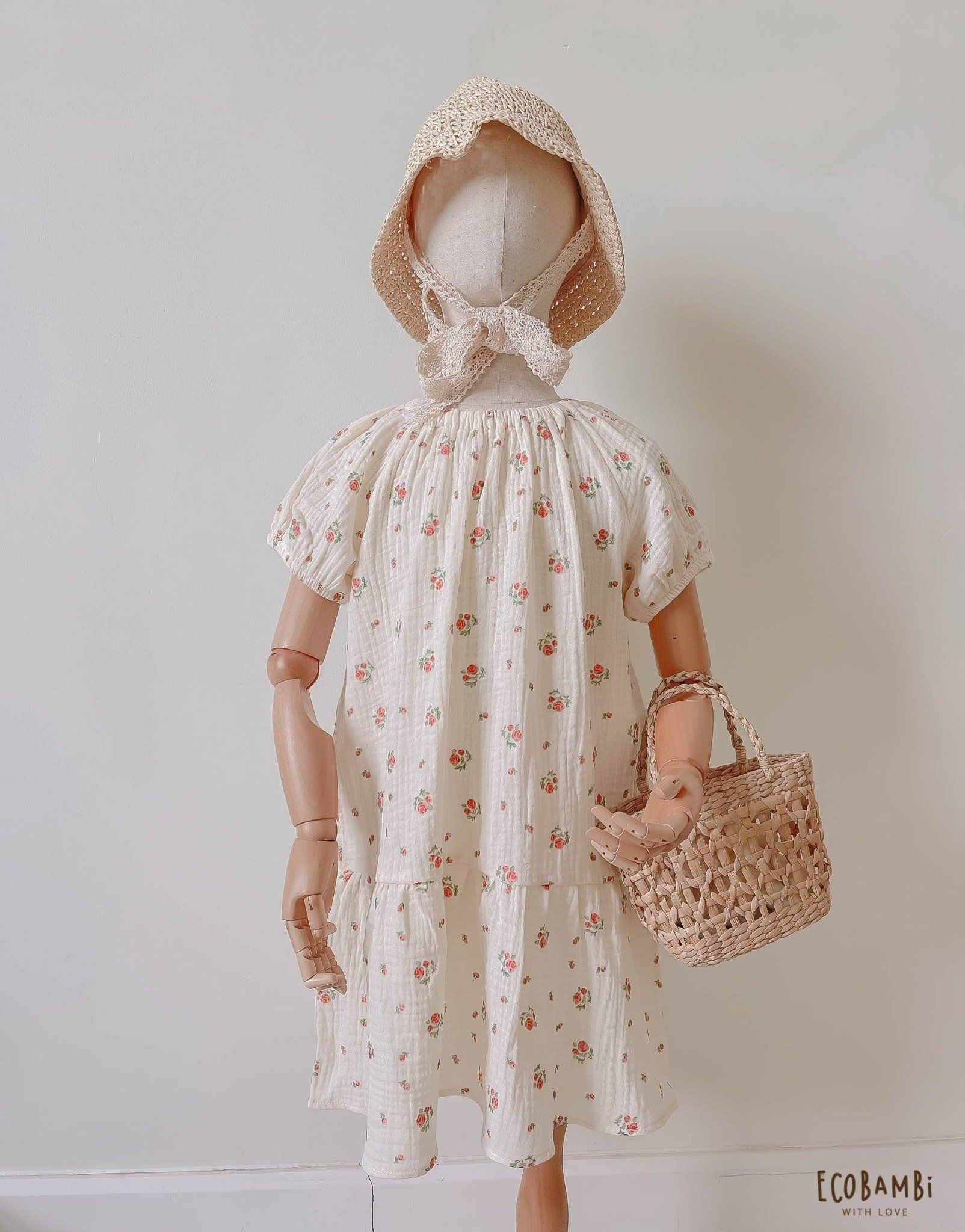 Đầm cotton muslin hoa cỏ mùa xuân dáng tay phồng