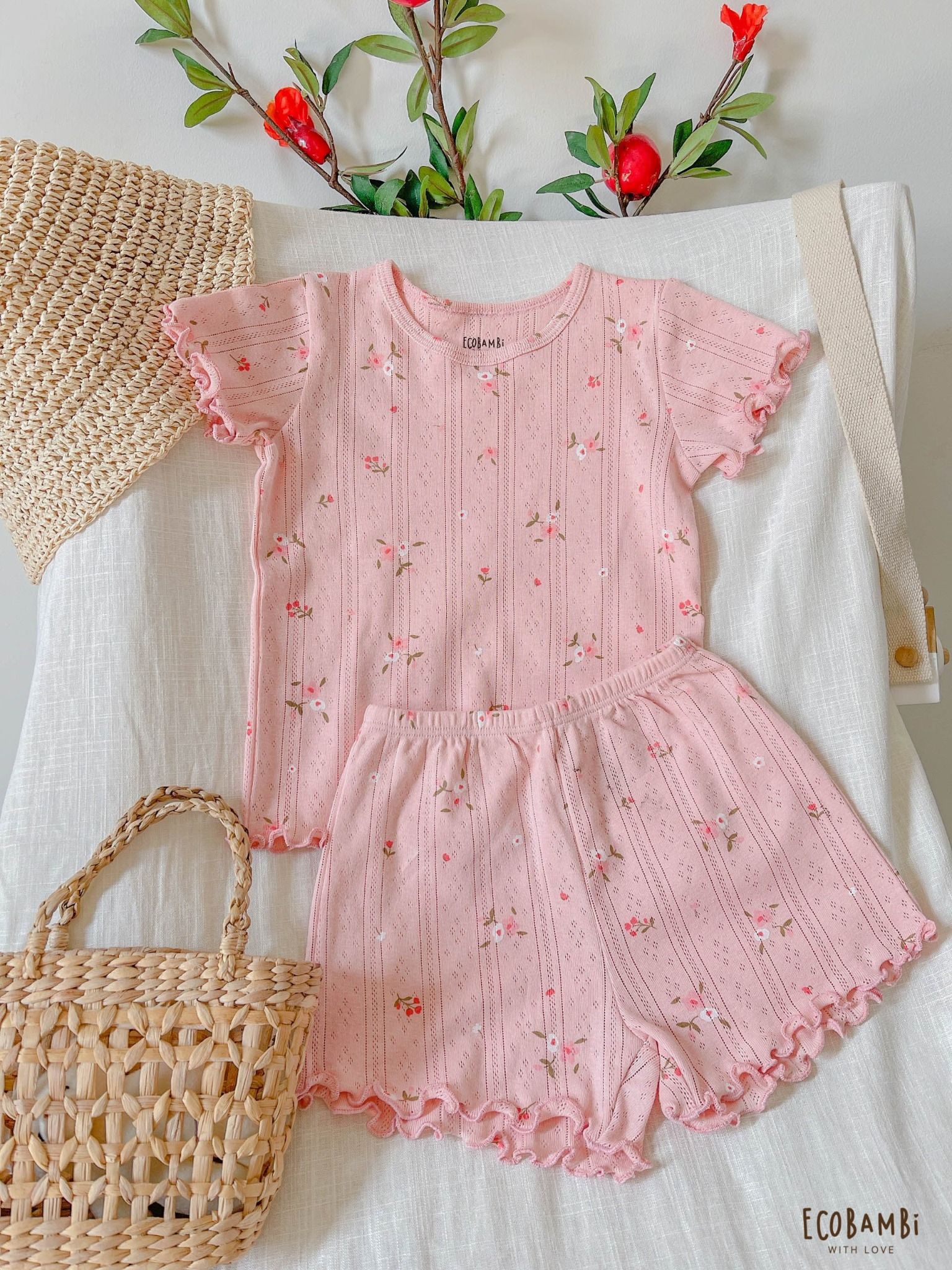 Bộ thun cotton Hàn bé gái TAY NGẮN kiểu dệt jacquard hoa nhí ECOBAMBI - 8935334000001