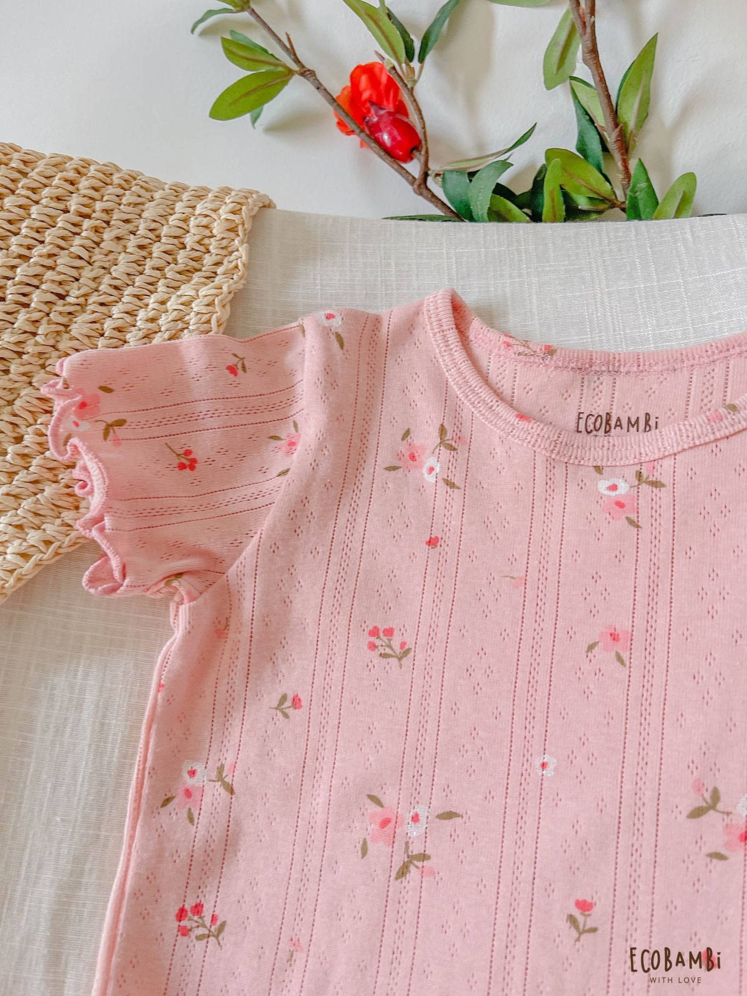 Bộ thun cotton Hàn bé gái TAY NGẮN kiểu dệt jacquard hoa nhí ECOBAMBI - 8935334000001