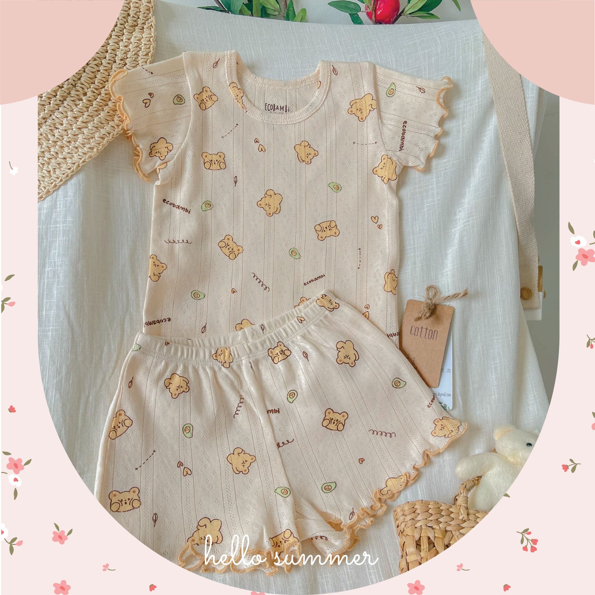 Bộ thun cotton Hàn bé gái TAY NGẮN kiểu dệt jacquard hoa nhí ECOBAMBI - 8935334000001