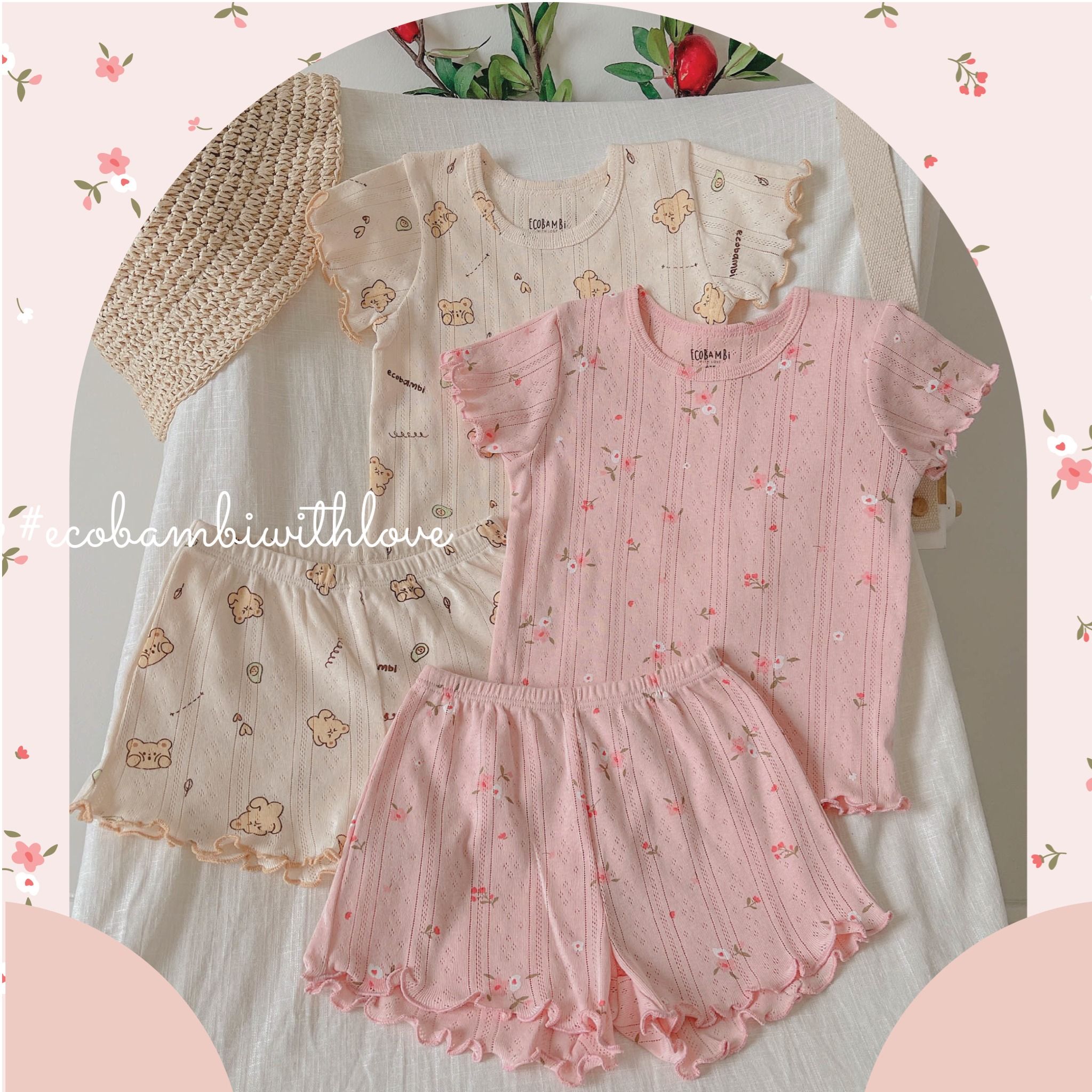 Bộ thun cotton Hàn bé gái TAY NGẮN kiểu dệt jacquard hoa nhí ECOBAMBI - 8935334000001