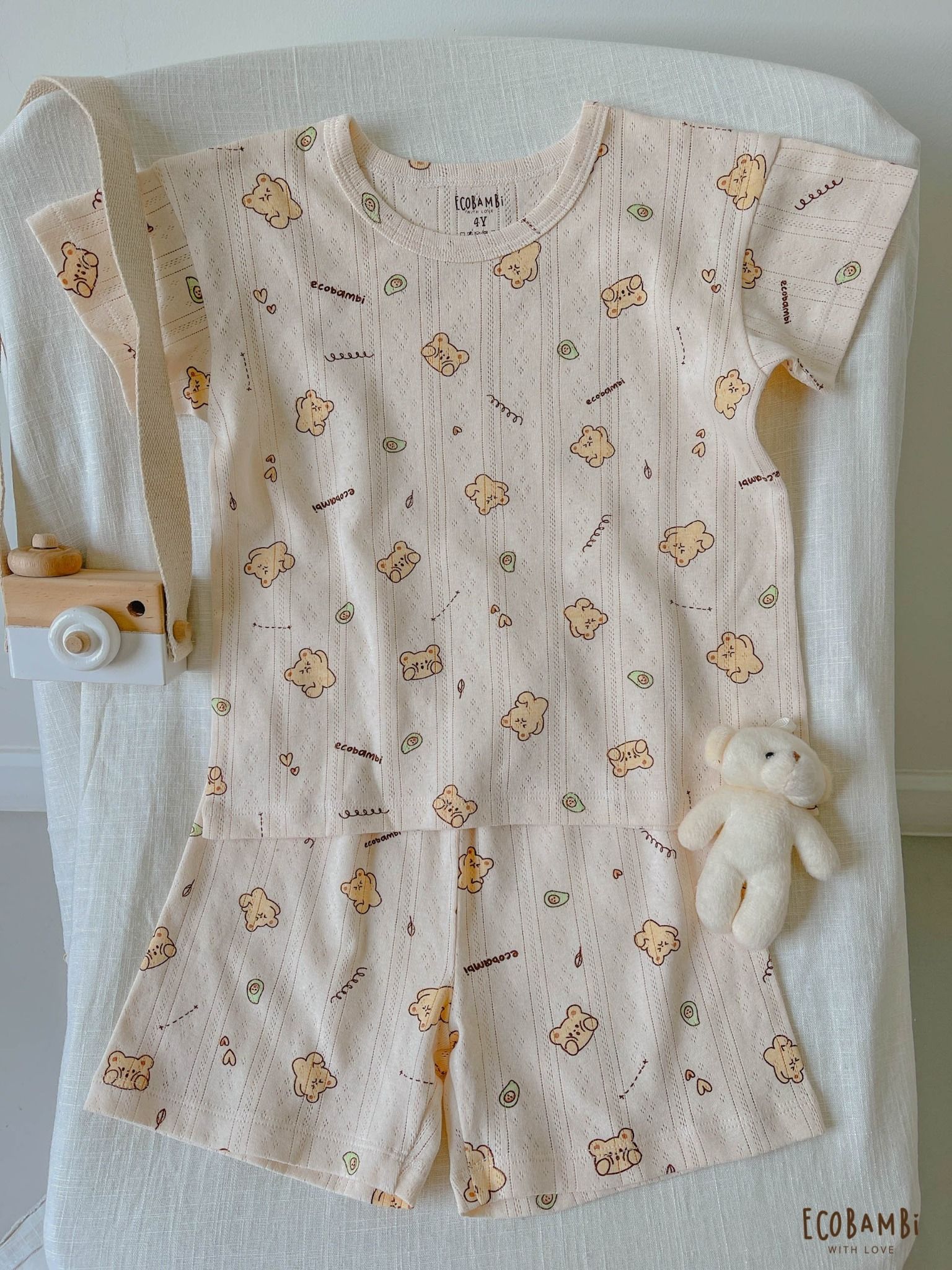 Bộ thun thông hơi cotton Hàn Quốc bé trai TAY NGẮN, QUẦN LỞ kiểu dệt Jacquard in hoạ tiết Gấu ECOBAMBI - 8935334000520