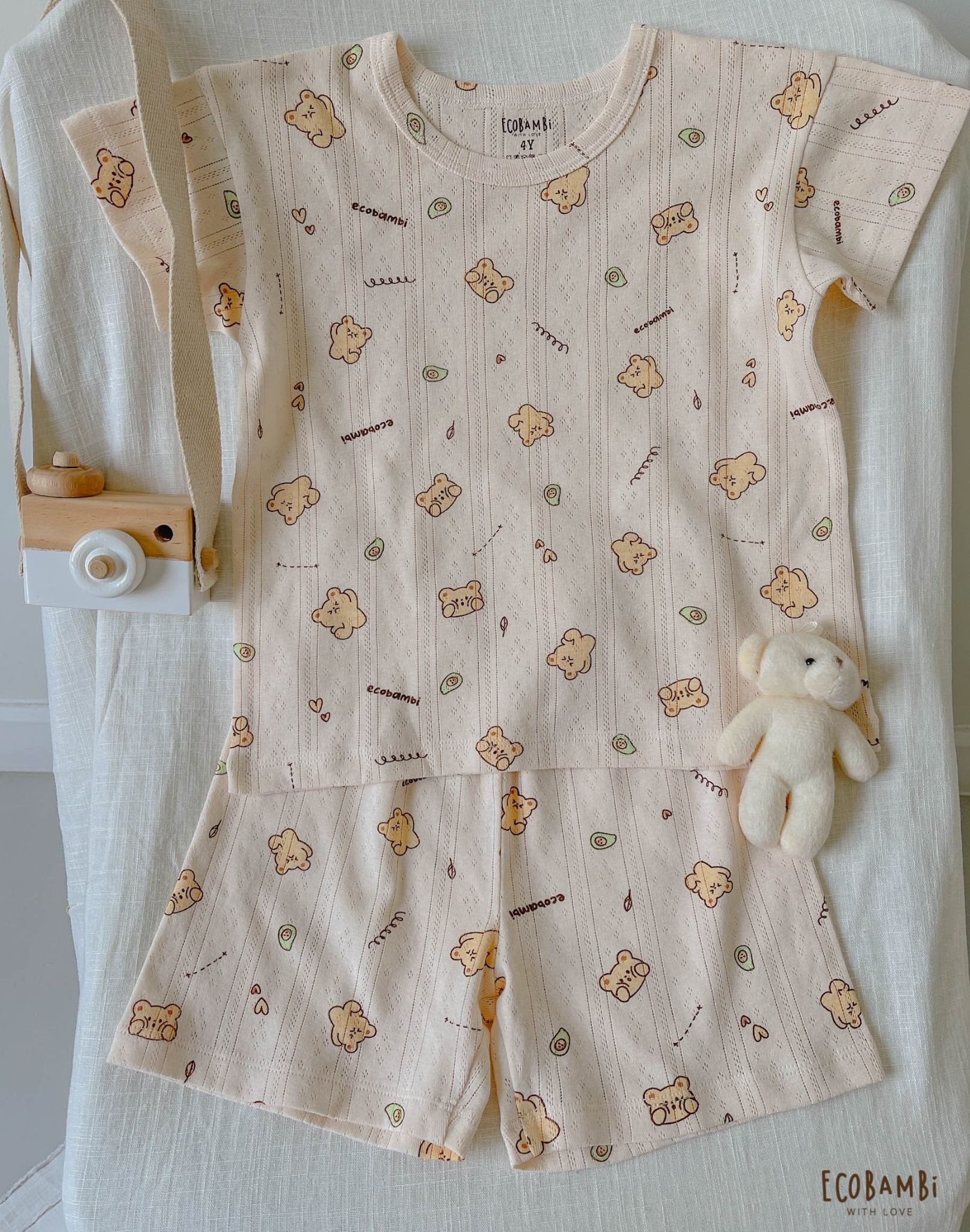 Bộ thun thông hơi cotton Hàn Quốc bé trai TAY NGẮN, QUẦN LỞ kiểu dệt Jacquard in hoạ tiết Gấu ECOBAMBI - 8935334000520