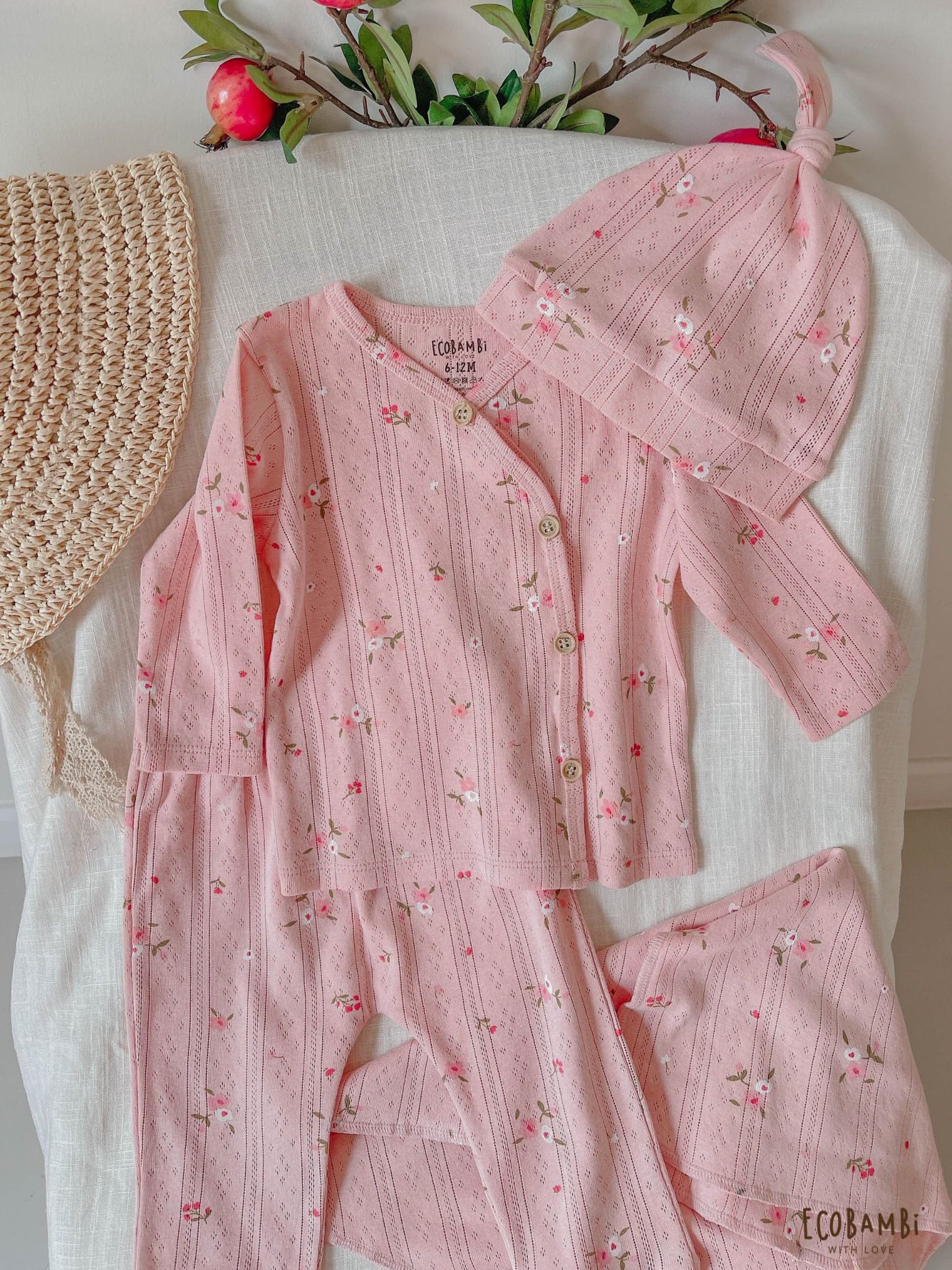 NEWBORN - Combo bộ thun cotton CÀI CHÉO, DÀI TAY và NÓN dành cho trẻ sơ sinh, kiểu dệt Jacquard in hoạ tiết Ecobambi