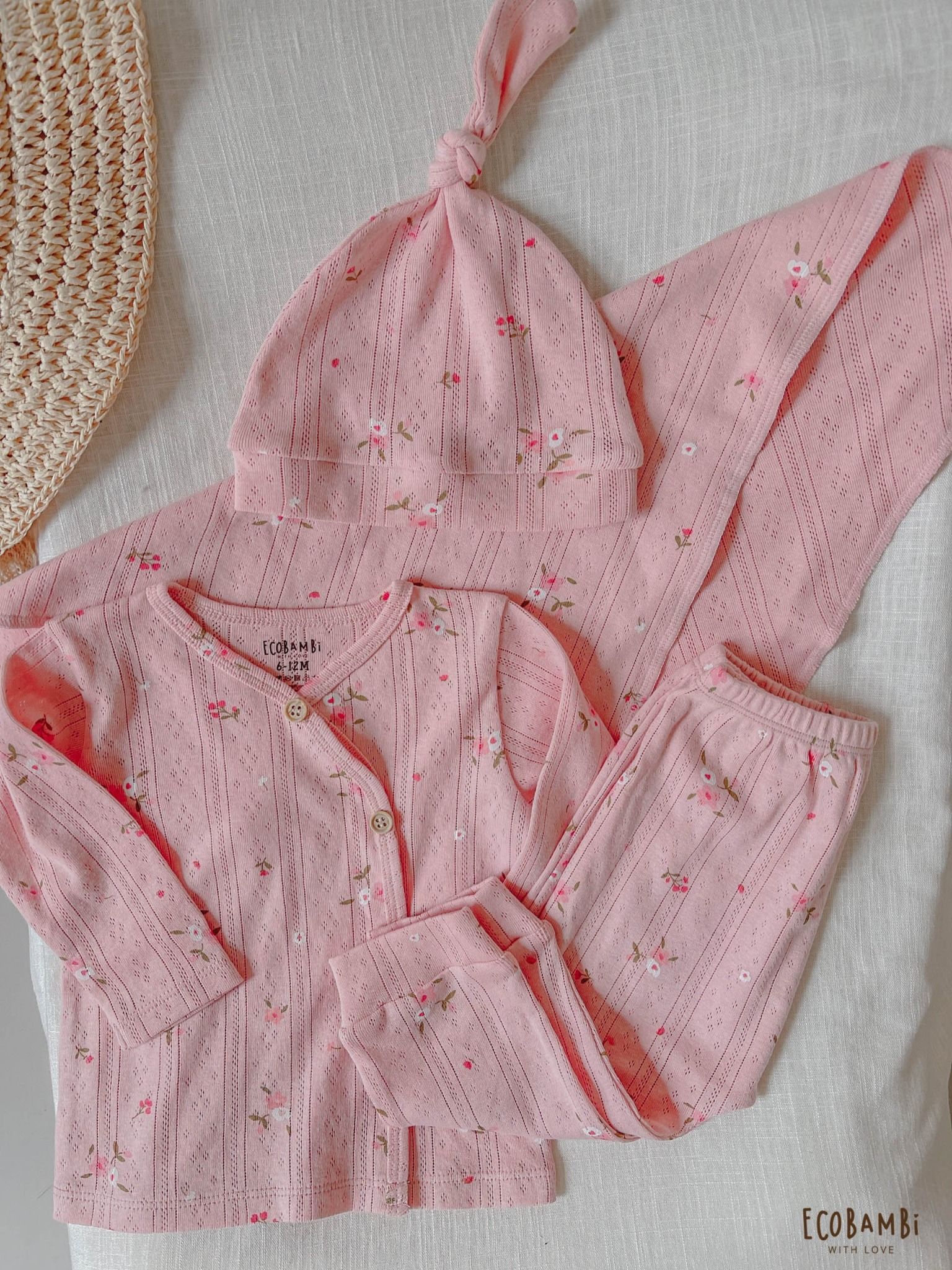 NEWBORN - Combo bộ thun cotton CÀI CHÉO, DÀI TAY và NÓN dành cho trẻ sơ sinh, kiểu dệt Jacquard in hoạ tiết Ecobambi
