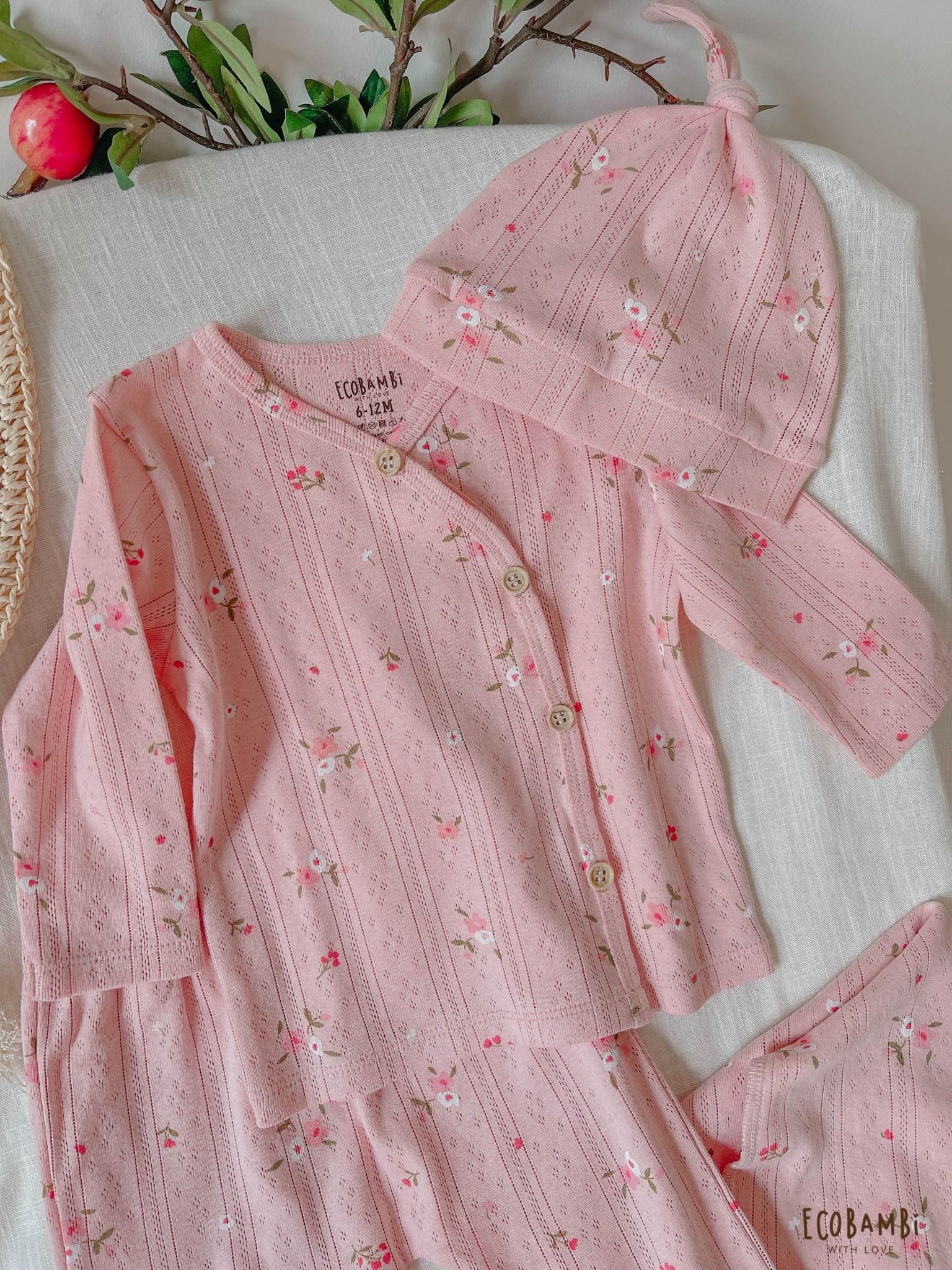 NEWBORN - Combo bộ thun cotton CÀI CHÉO, DÀI TAY và NÓN dành cho trẻ sơ sinh, kiểu dệt Jacquard in hoạ tiết Ecobambi