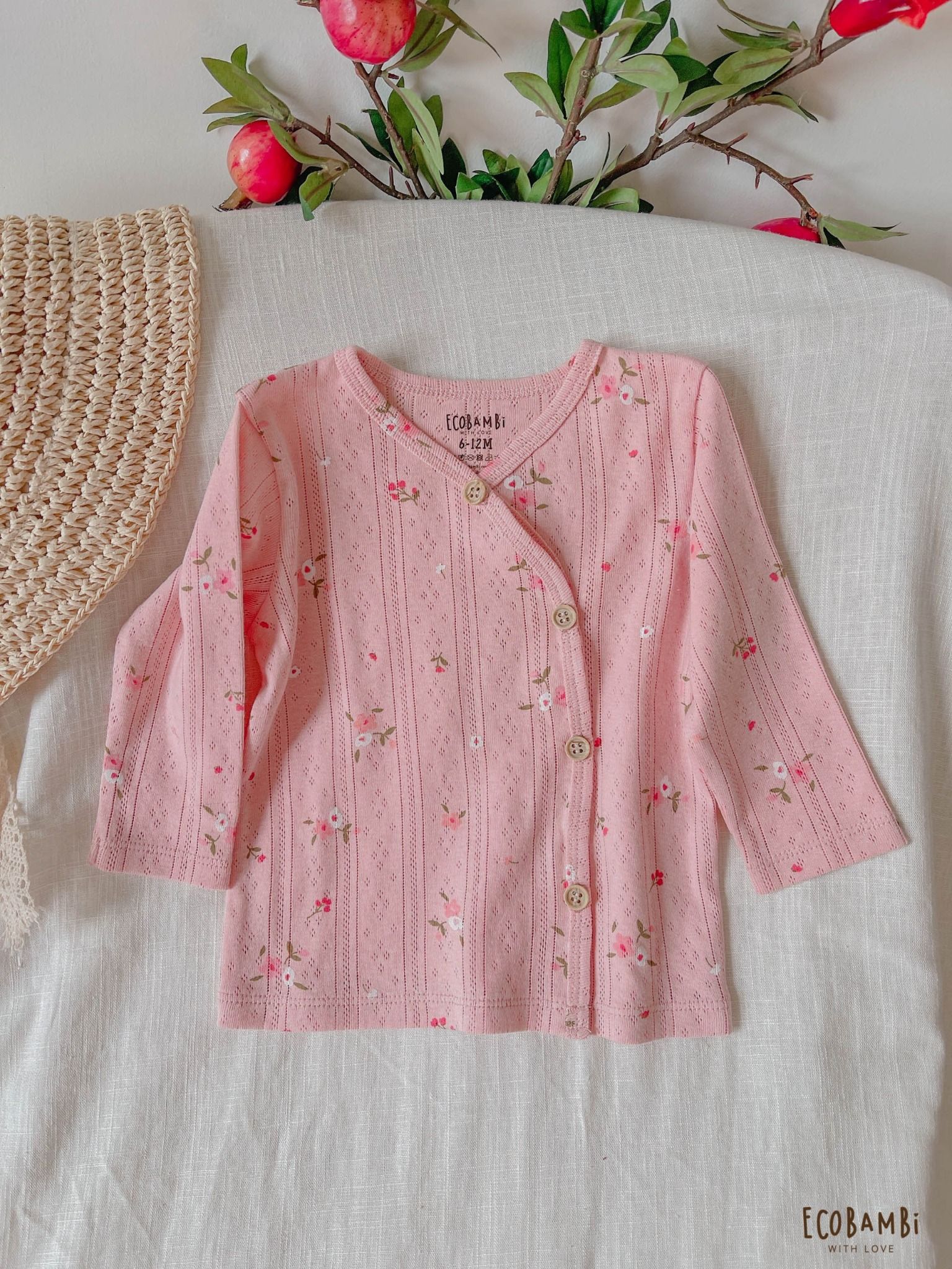 NEWBORN - Combo bộ thun cotton CÀI CHÉO, DÀI TAY và NÓN dành cho trẻ sơ sinh, kiểu dệt Jacquard in hoạ tiết Ecobambi