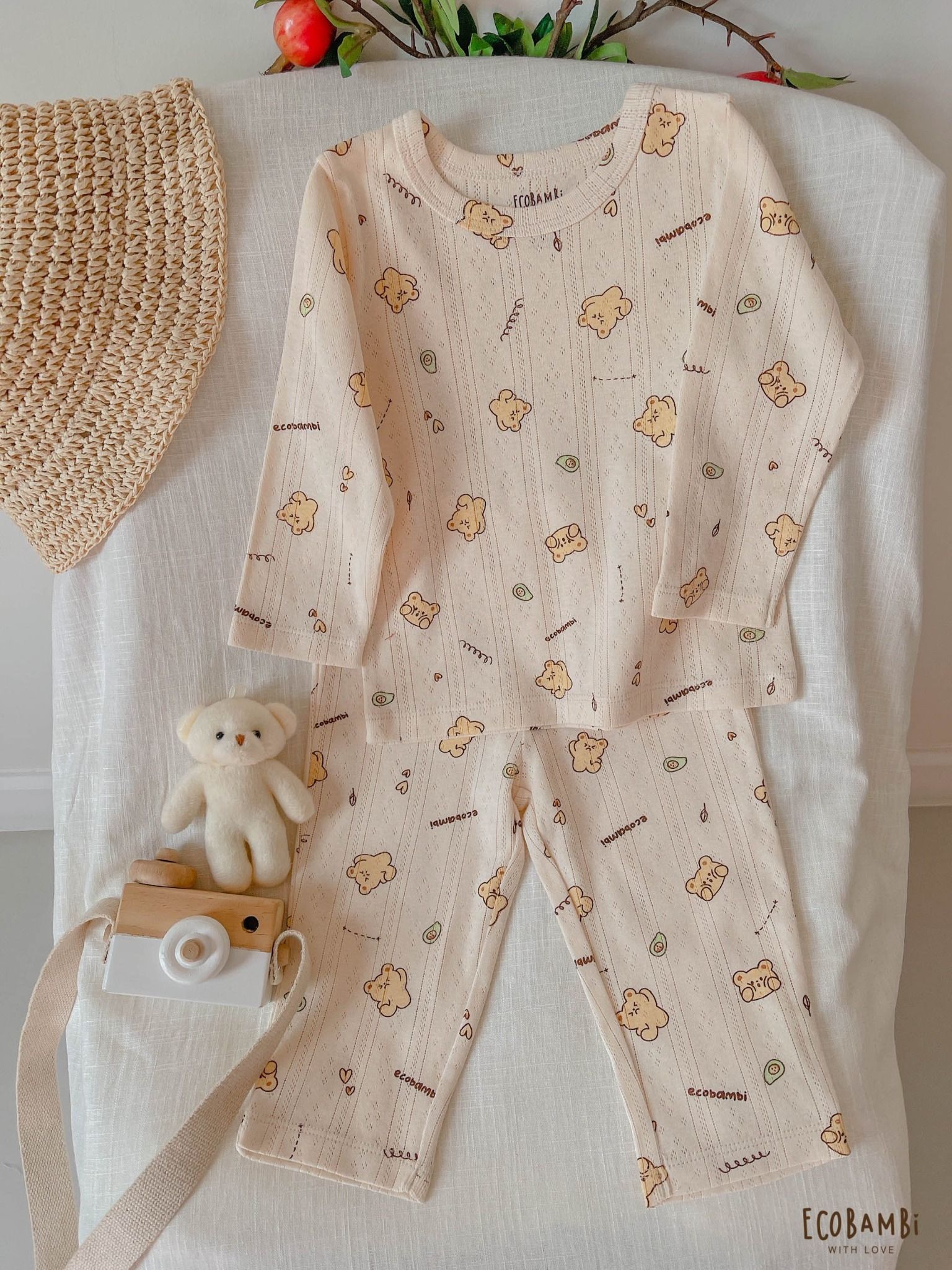 Bộ thun thông hơi cotton DÀI TAY cho bé, phong cách Hàn Quốc kiểu dệt Jacquard in hoạ tiết Ecobambi - 8935334000674