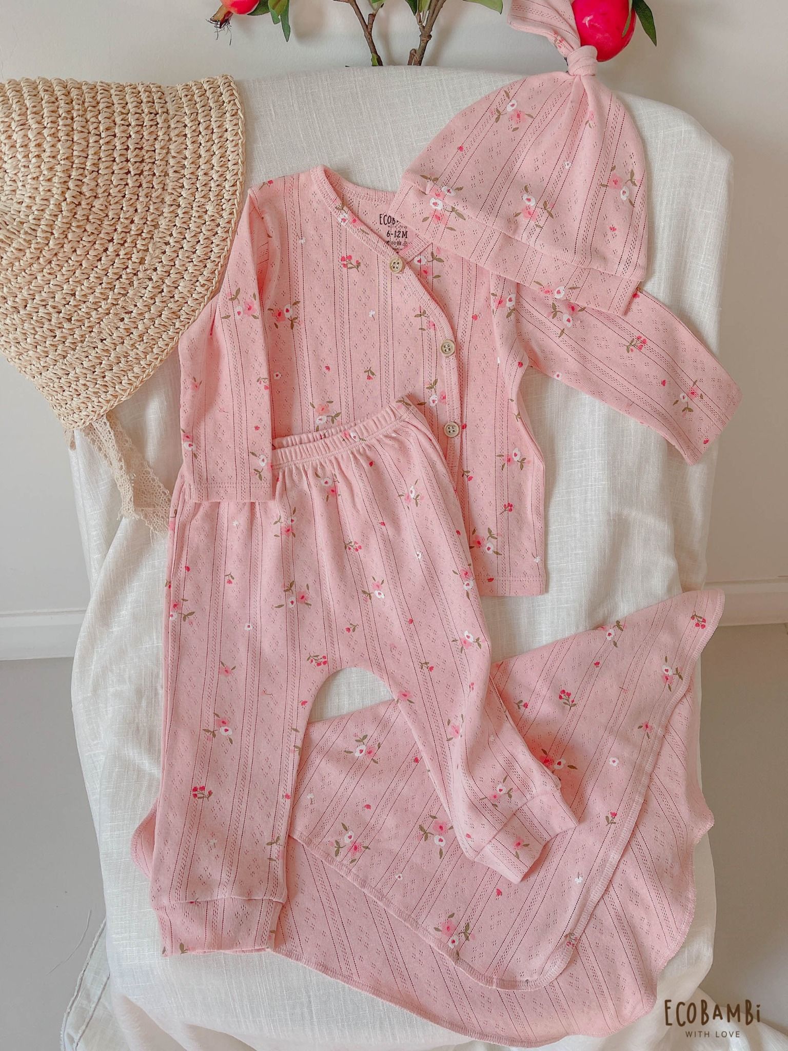 NEWBORN - Combo bộ thun cotton CÀI CHÉO, DÀI TAY và NÓN dành cho trẻ sơ sinh, kiểu dệt Jacquard in hoạ tiết Ecobambi