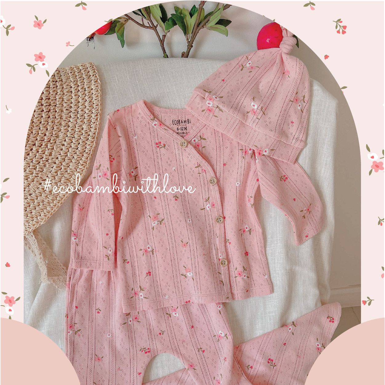 NEWBORN - Combo bộ thun cotton CÀI CHÉO, DÀI TAY và NÓN dành cho trẻ sơ sinh, kiểu dệt Jacquard in hoạ tiết Ecobambi