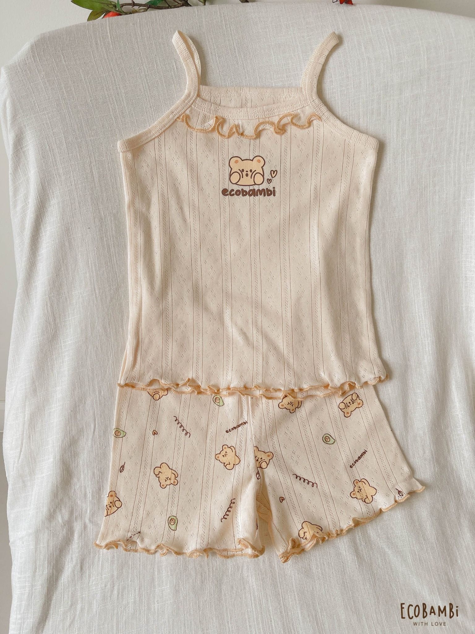 Bộ thun thông hơi 2 dây QUẦN NGẮN phong cách Hàn Quốc kiểu dệt jacquard in hoạ tiết Ecobambi