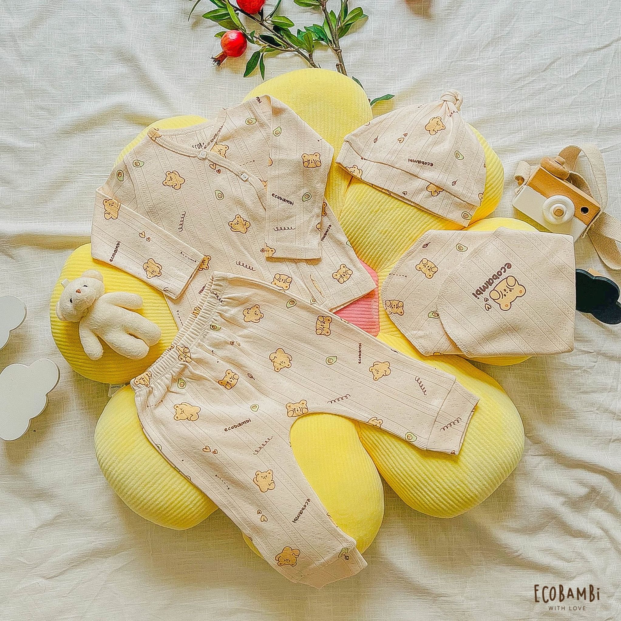 NEWBORN - Combo bộ thun cotton CÀI CHÉO, DÀI TAY và NÓN dành cho trẻ sơ sinh, kiểu dệt Jacquard in hoạ tiết Ecobambi