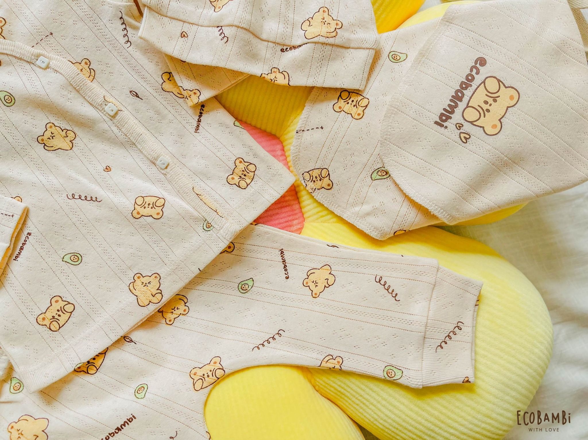 NEWBORN - Combo bộ thun cotton CÀI CHÉO, DÀI TAY và NÓN dành cho trẻ sơ sinh, kiểu dệt Jacquard in hoạ tiết Ecobambi