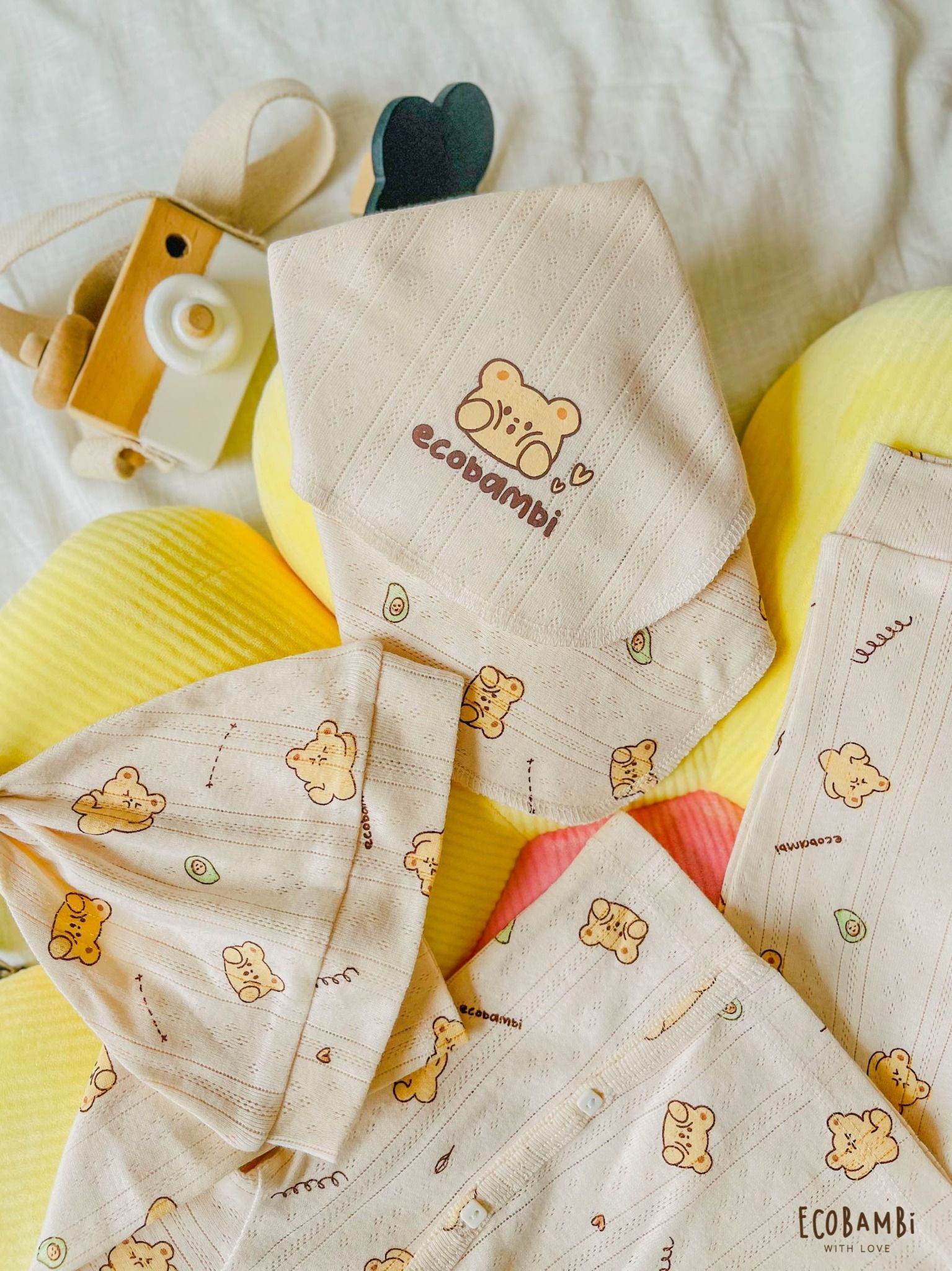NEWBORN - Combo bộ thun cotton CÀI CHÉO, DÀI TAY và NÓN dành cho trẻ sơ sinh, kiểu dệt Jacquard in hoạ tiết Ecobambi