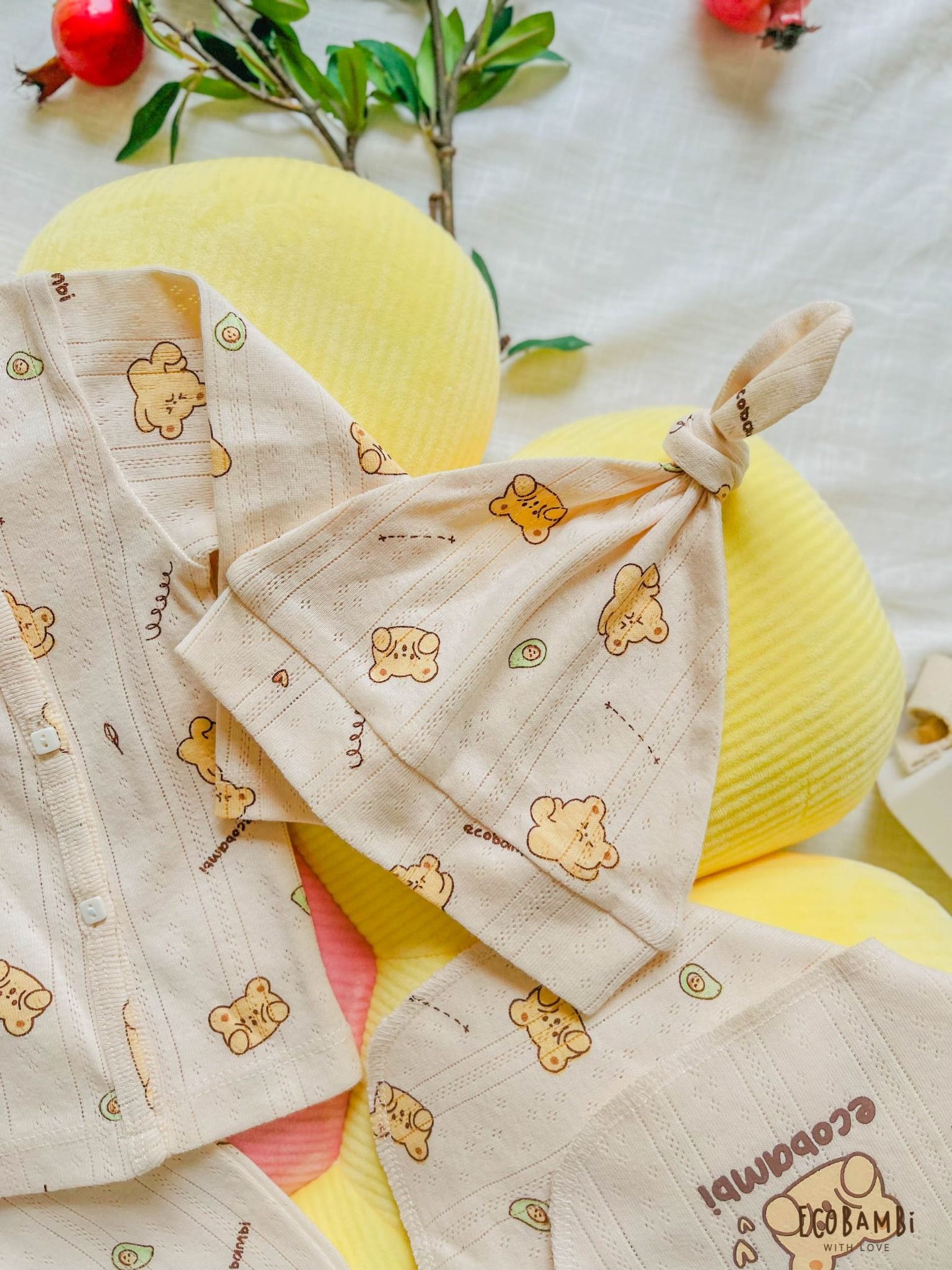 NEWBORN - Combo bộ thun cotton CÀI CHÉO, DÀI TAY và NÓN dành cho trẻ sơ sinh, kiểu dệt Jacquard in hoạ tiết Ecobambi