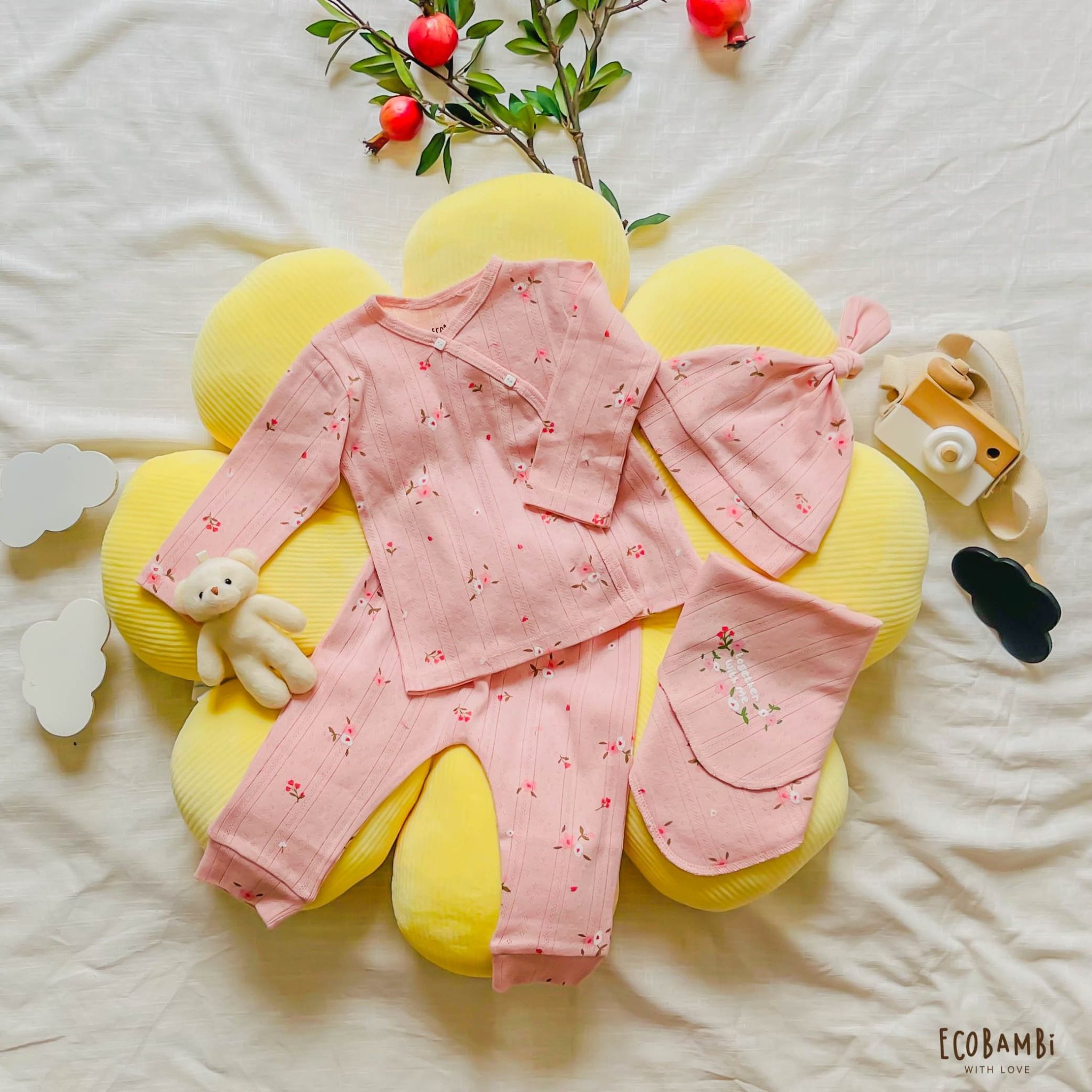 NEWBORN - Combo bộ thun cotton CÀI CHÉO, DÀI TAY và NÓN dành cho trẻ sơ sinh, kiểu dệt Jacquard in hoạ tiết Ecobambi
