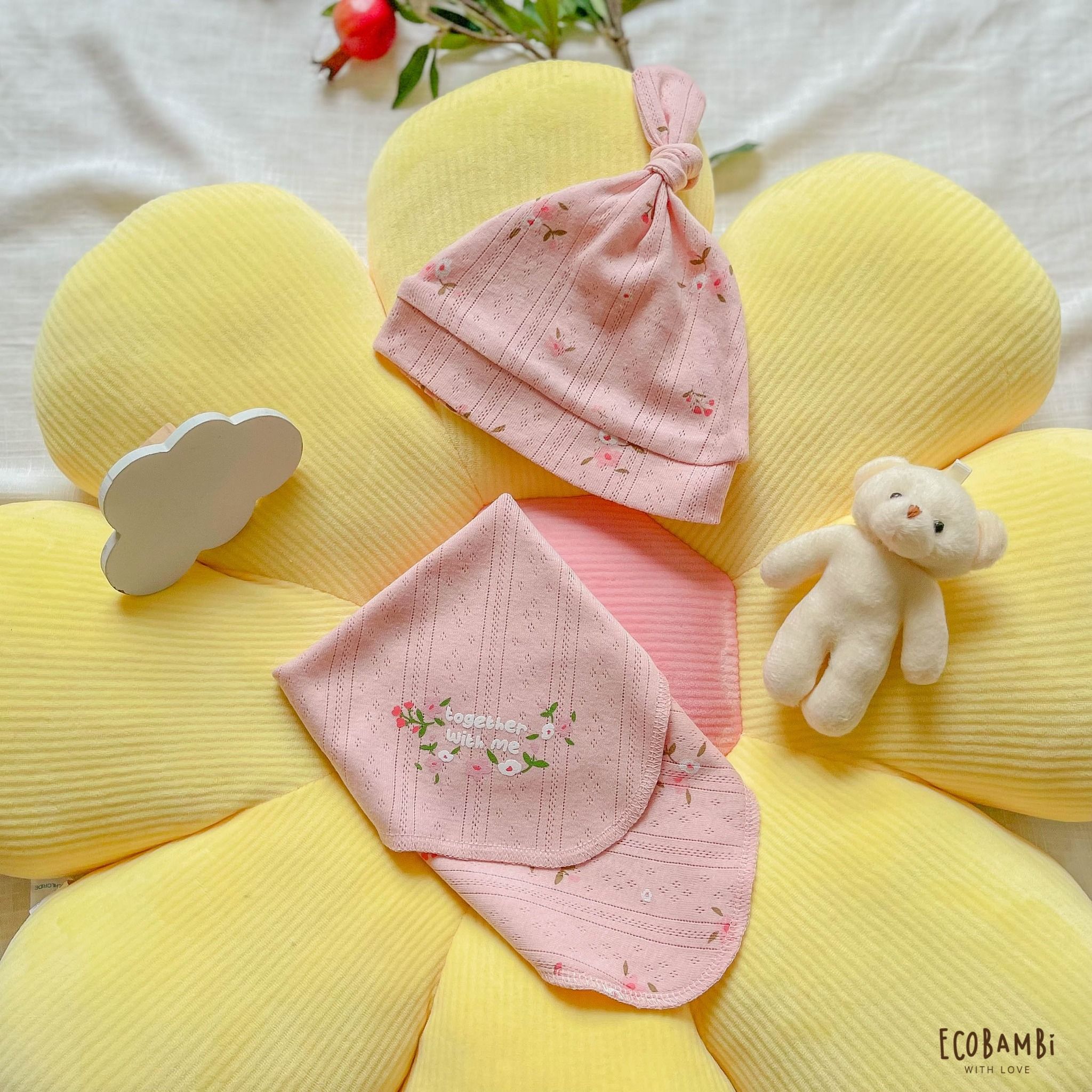 NEWBORN - Combo bộ thun cotton CÀI CHÉO, DÀI TAY và NÓN dành cho trẻ sơ sinh, kiểu dệt Jacquard in hoạ tiết Ecobambi
