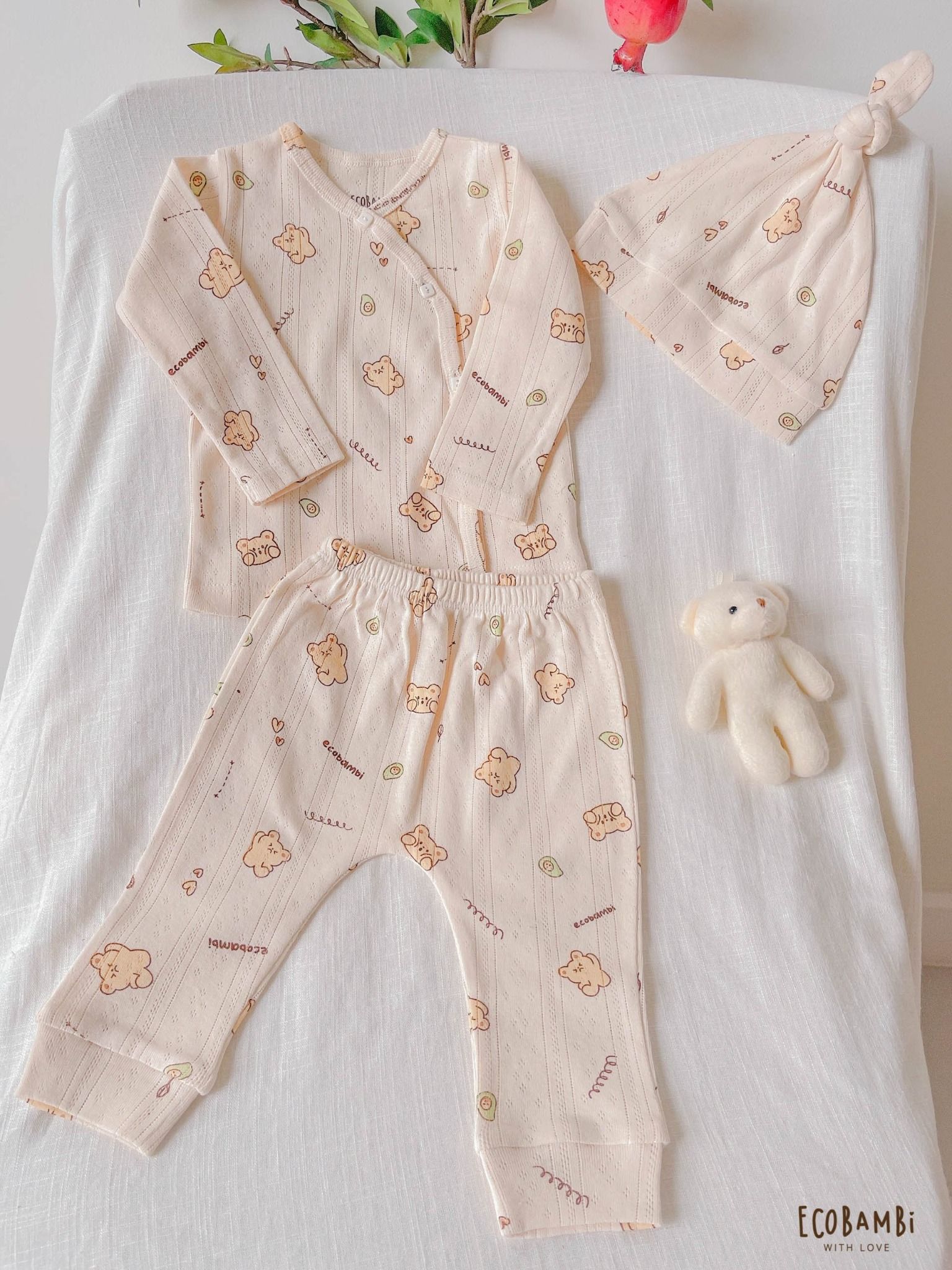 NEWBORN - Combo bộ thun cotton CÀI CHÉO, DÀI TAY và NÓN dành cho trẻ sơ sinh, kiểu dệt Jacquard in hoạ tiết Ecobambi