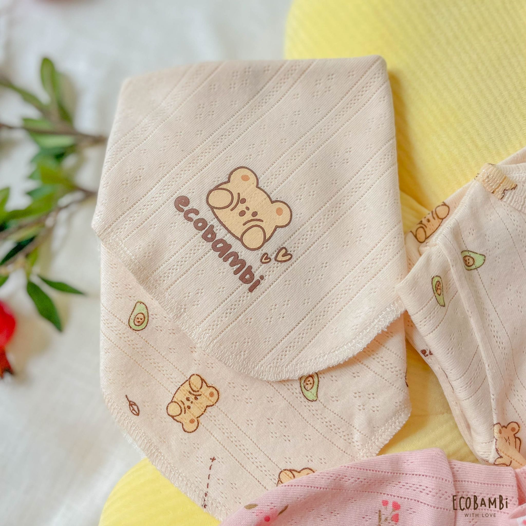 NEWBORN - Combo bộ thun cotton CÀI CHÉO, DÀI TAY và NÓN dành cho trẻ sơ sinh, kiểu dệt Jacquard in hoạ tiết Ecobambi
