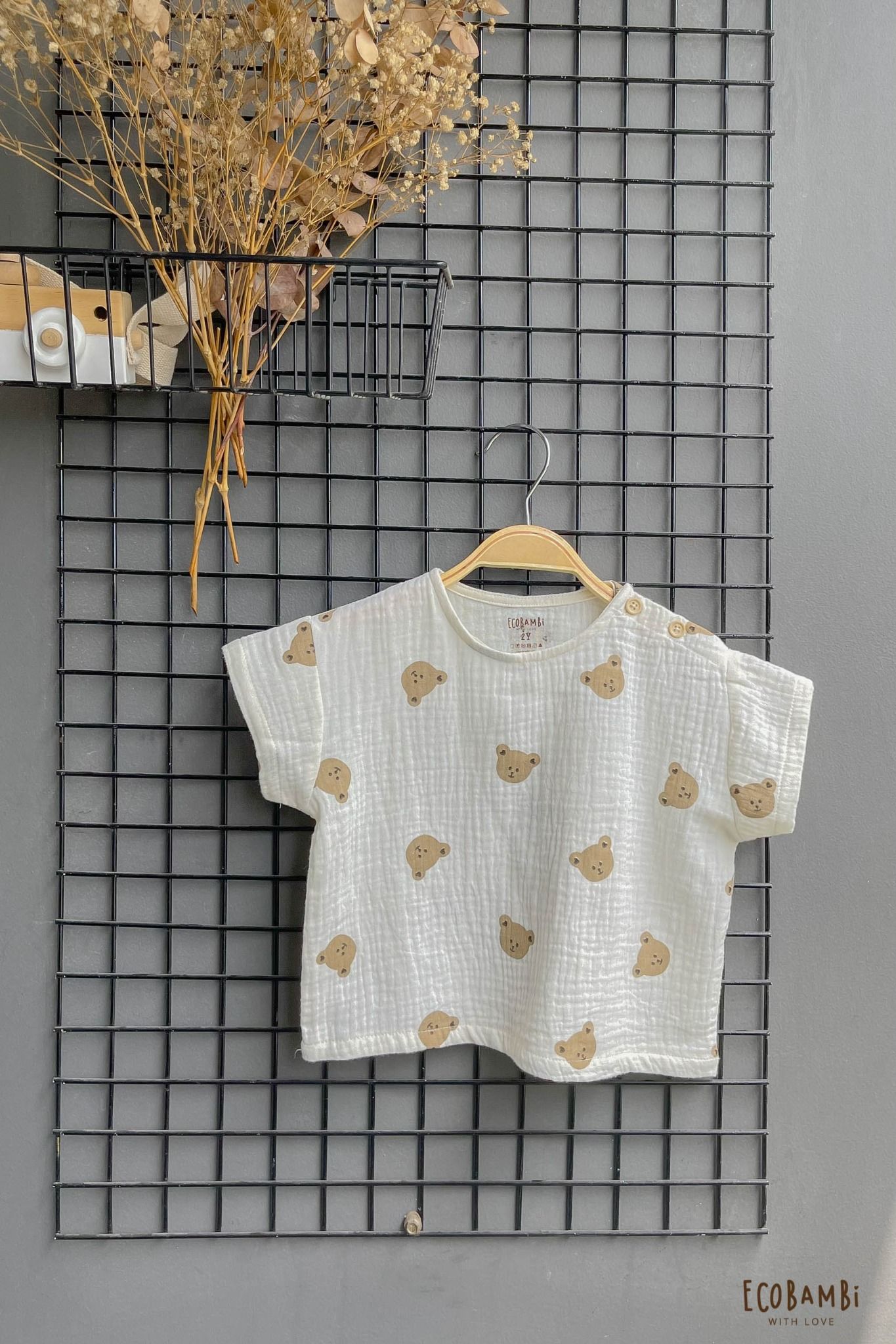 Áo UNISEX cotton Muslin TAY NGẮN phong cách Hàn Quốc năng động in hoạ tiết cho bé