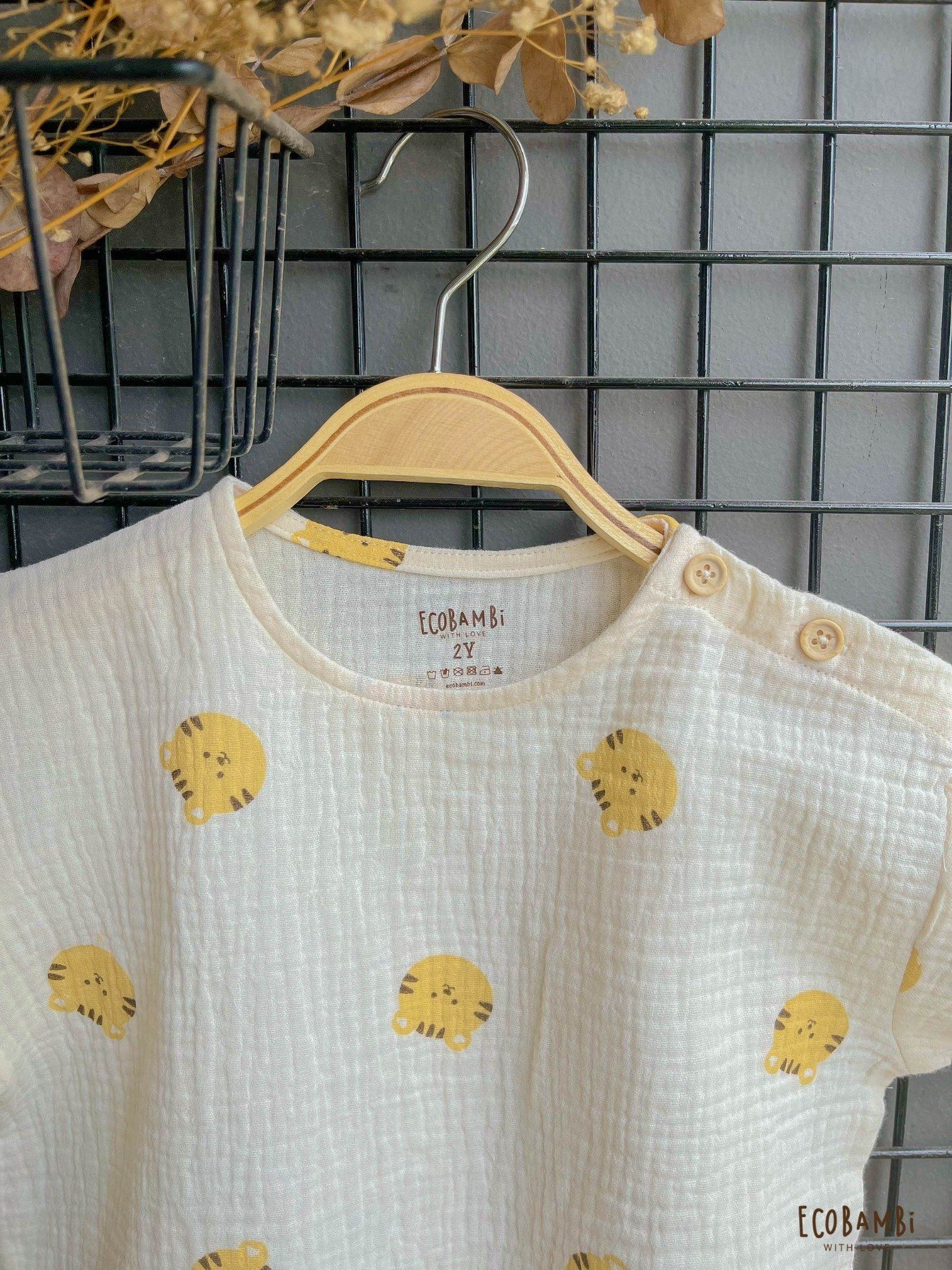 Áo UNISEX cotton Muslin TAY NGẮN phong cách Hàn Quốc năng động in hoạ tiết cho bé