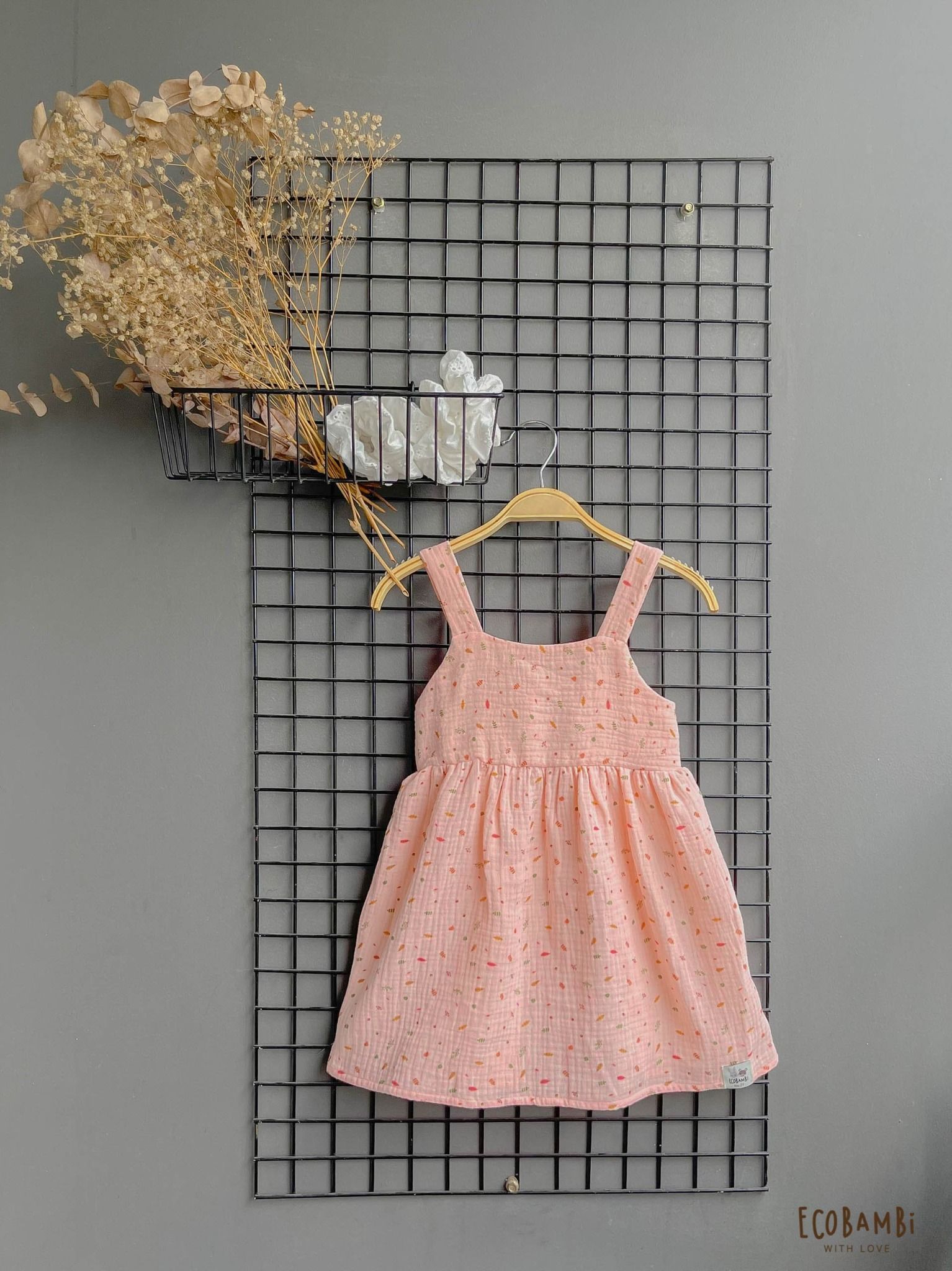 Đầm CÔNG CHÚA dáng xoè babydoll hai dây cotton muslin hoạ tiết dành cho bé gái - Ecobambi