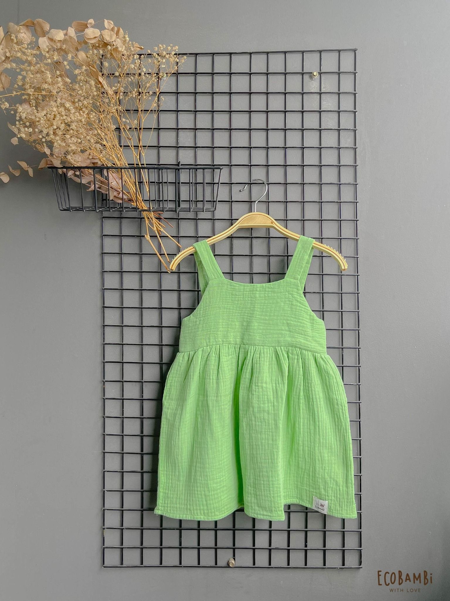 Đầm CÔNG CHÚA dáng xoè babydoll hai dây cotton muslin hoạ tiết dành cho bé gái - Ecobambi