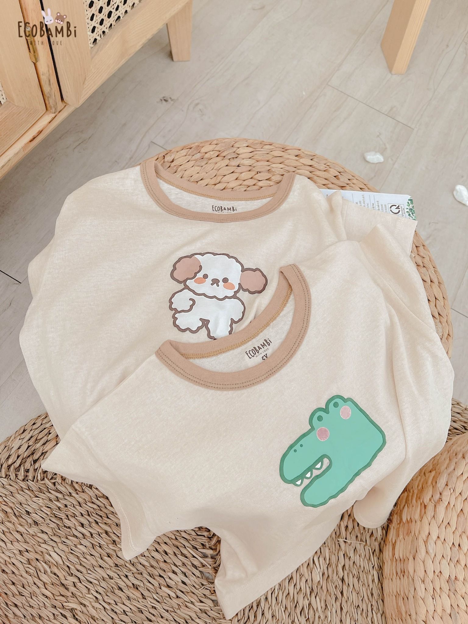 Bộ UNISEX quần LỠ thun cotton Heather phong cách Hàn Quốc in hoạ tiết nổi dễ thương cho bé ECOBAMBI