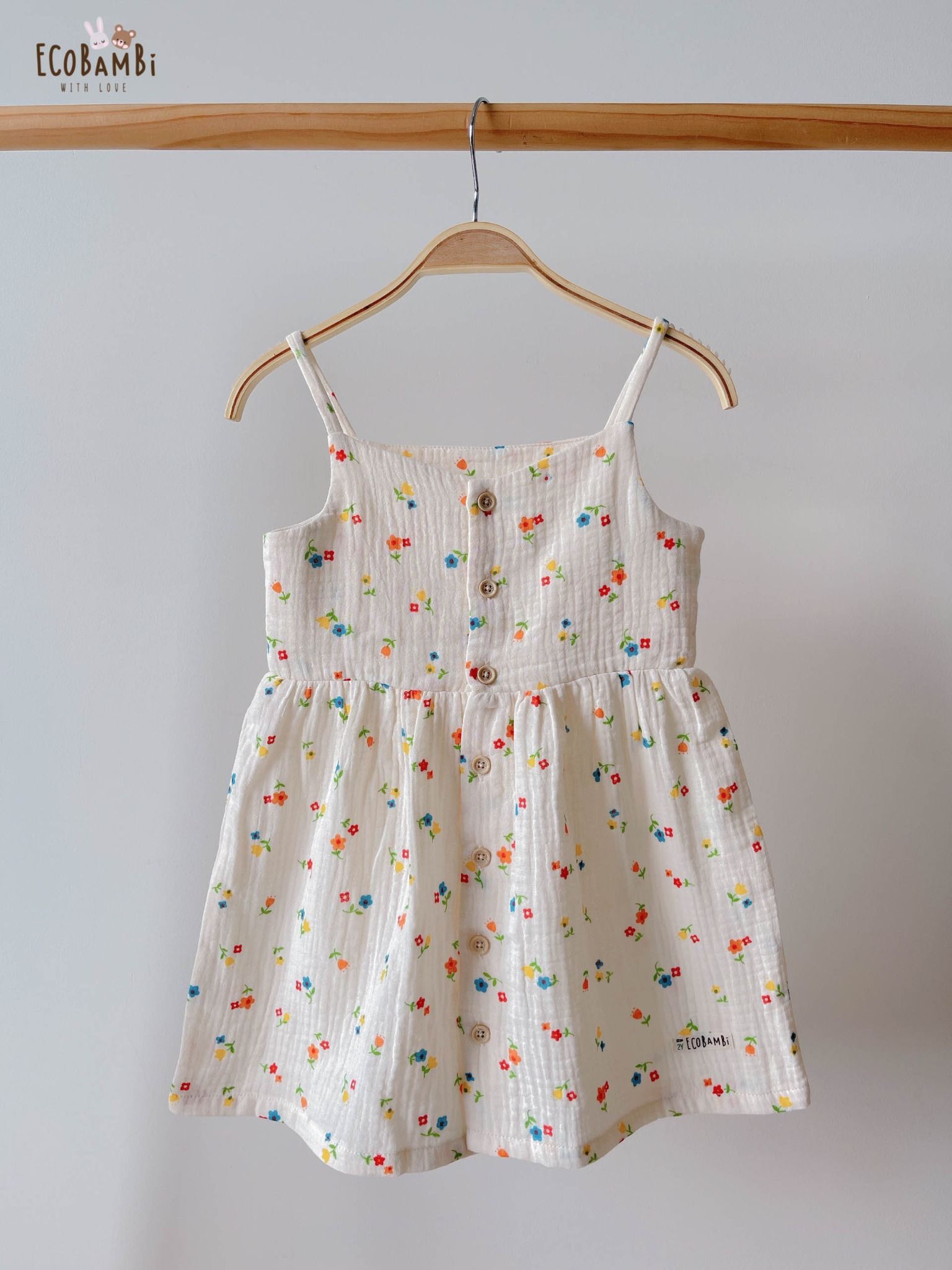 Đầm xoè 2 dây cotton muslin in hoạ tiết đáng yêu cho bé gái ECOBAMBI - 8935334000827