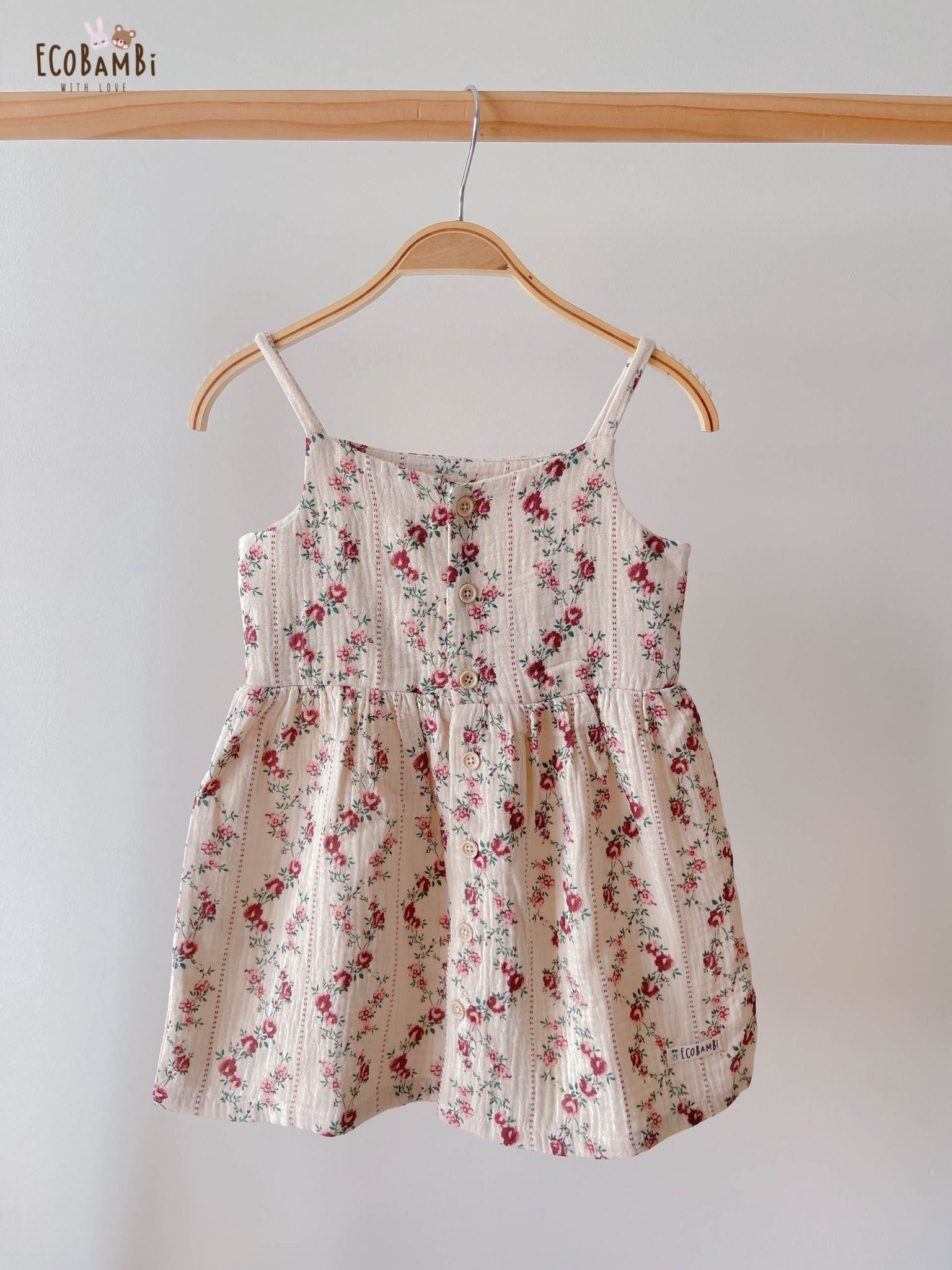 Đầm xoè 2 dây cotton muslin in hoạ tiết đáng yêu cho bé gái ECOBAMBI - 8935334000827