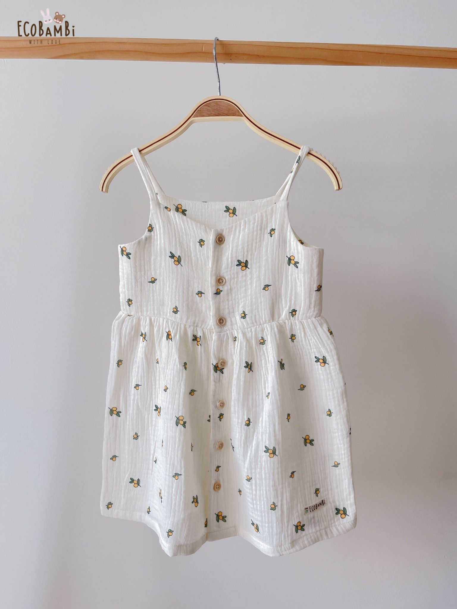 Đầm xoè 2 dây cotton muslin in hoạ tiết đáng yêu cho bé gái ECOBAMBI - 8935334000827