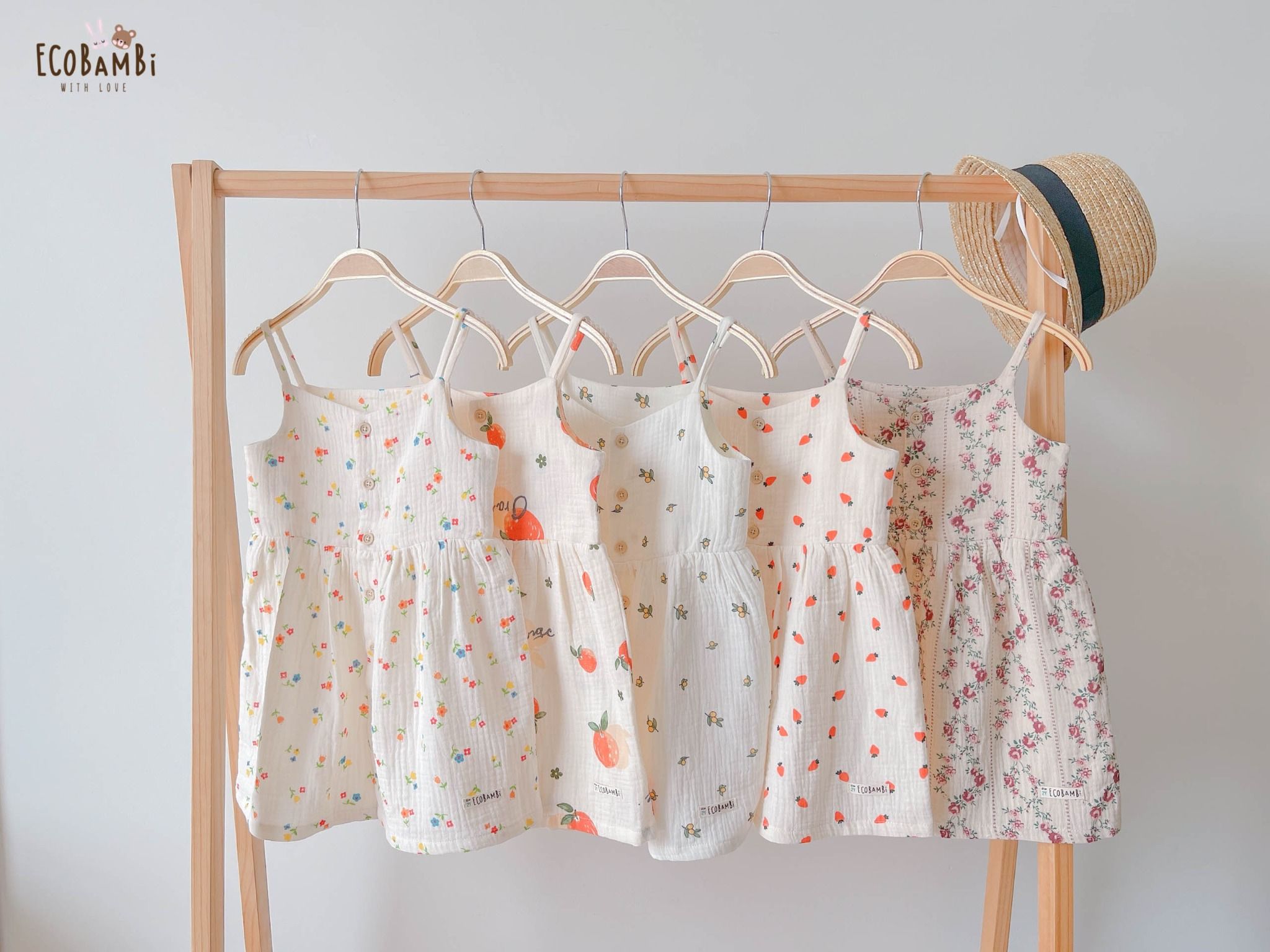 Đầm xoè 2 dây cotton muslin in hoạ tiết đáng yêu cho bé gái ECOBAMBI - 8935334000827