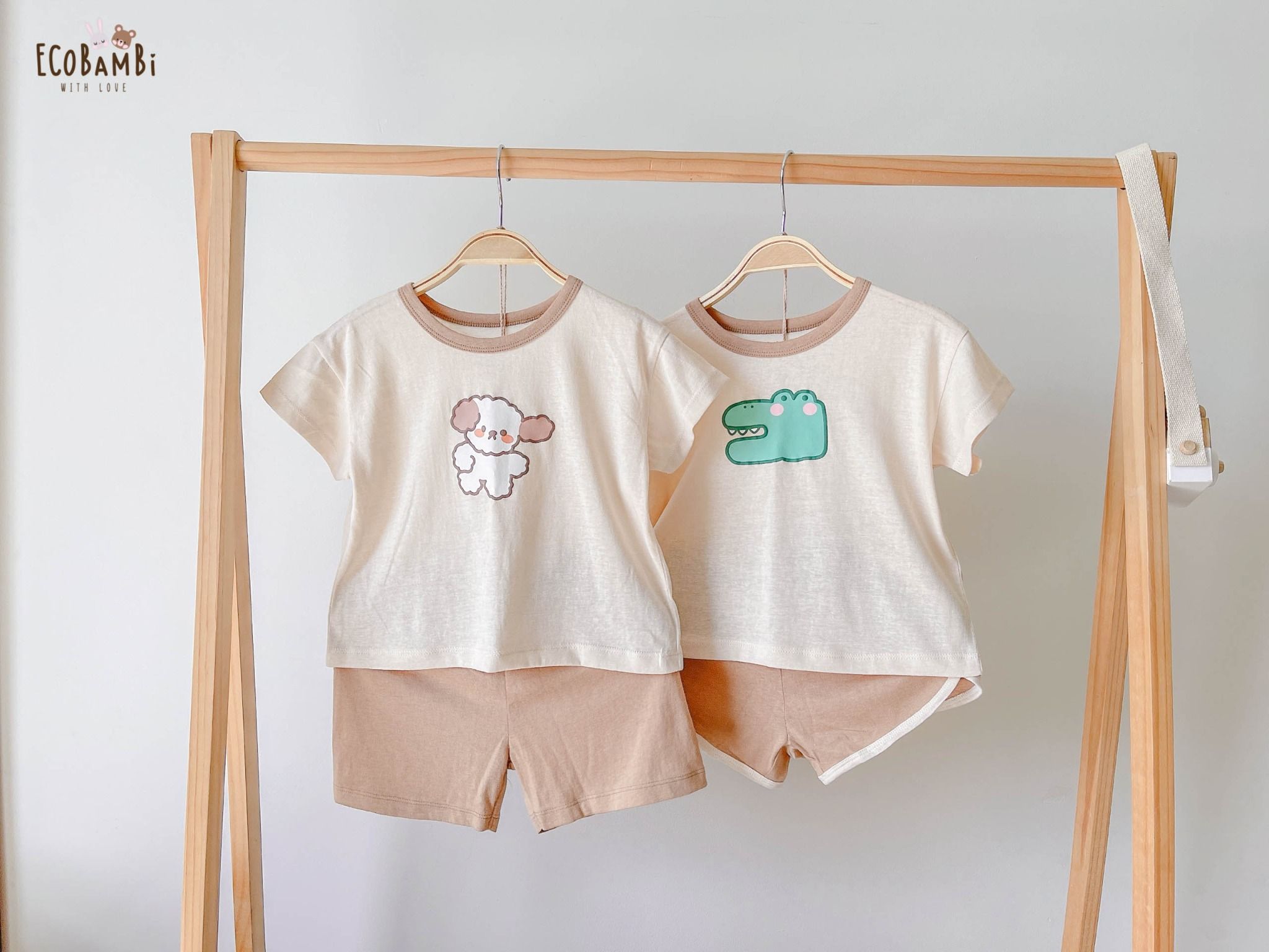 Bộ UNISEX quần LỠ thun cotton Heather phong cách Hàn Quốc in hoạ tiết nổi dễ thương cho bé ECOBAMBI