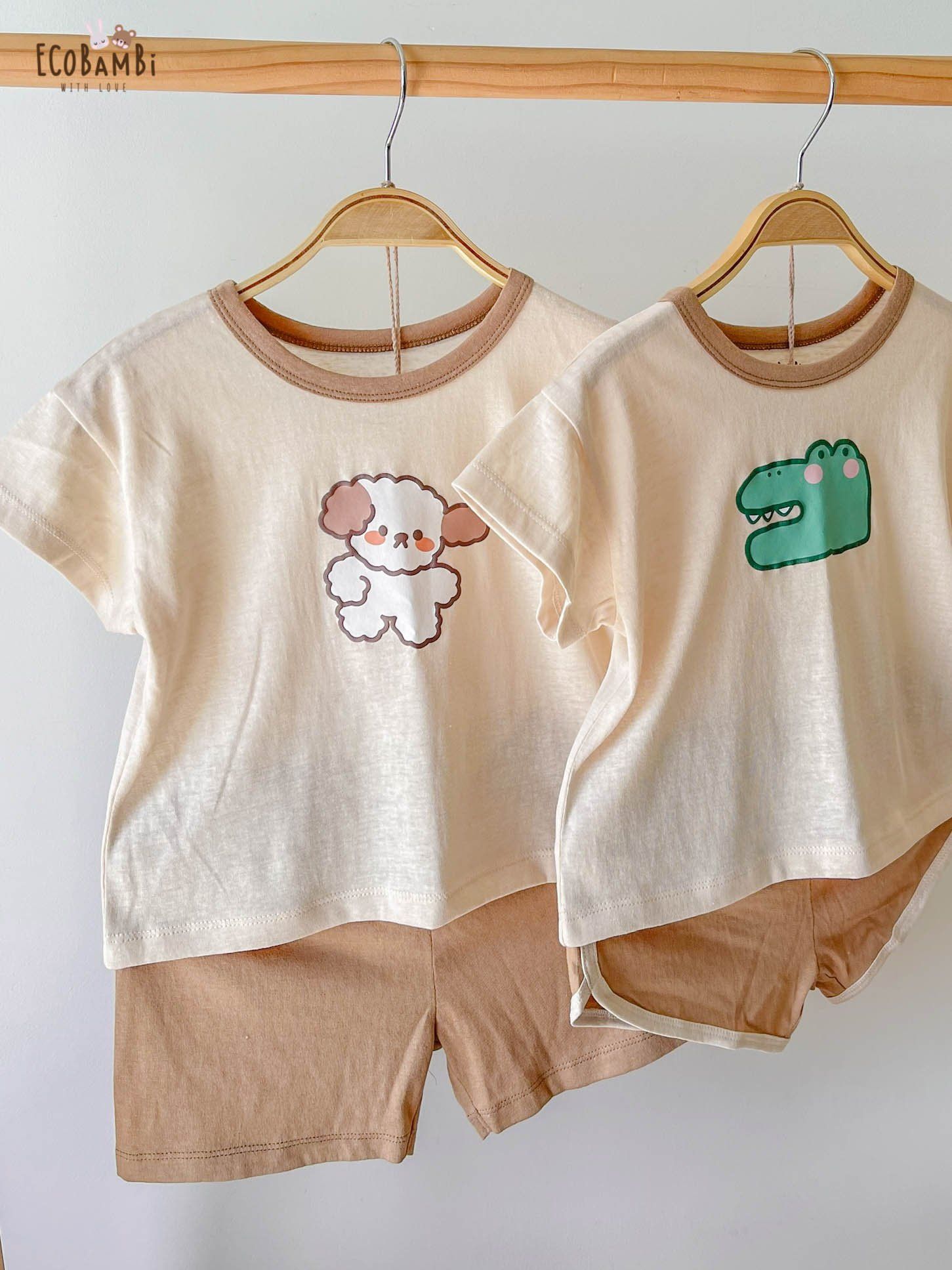 Bộ UNISEX quần LỠ thun cotton Heather phong cách Hàn Quốc in hoạ tiết nổi dễ thương cho bé ECOBAMBI