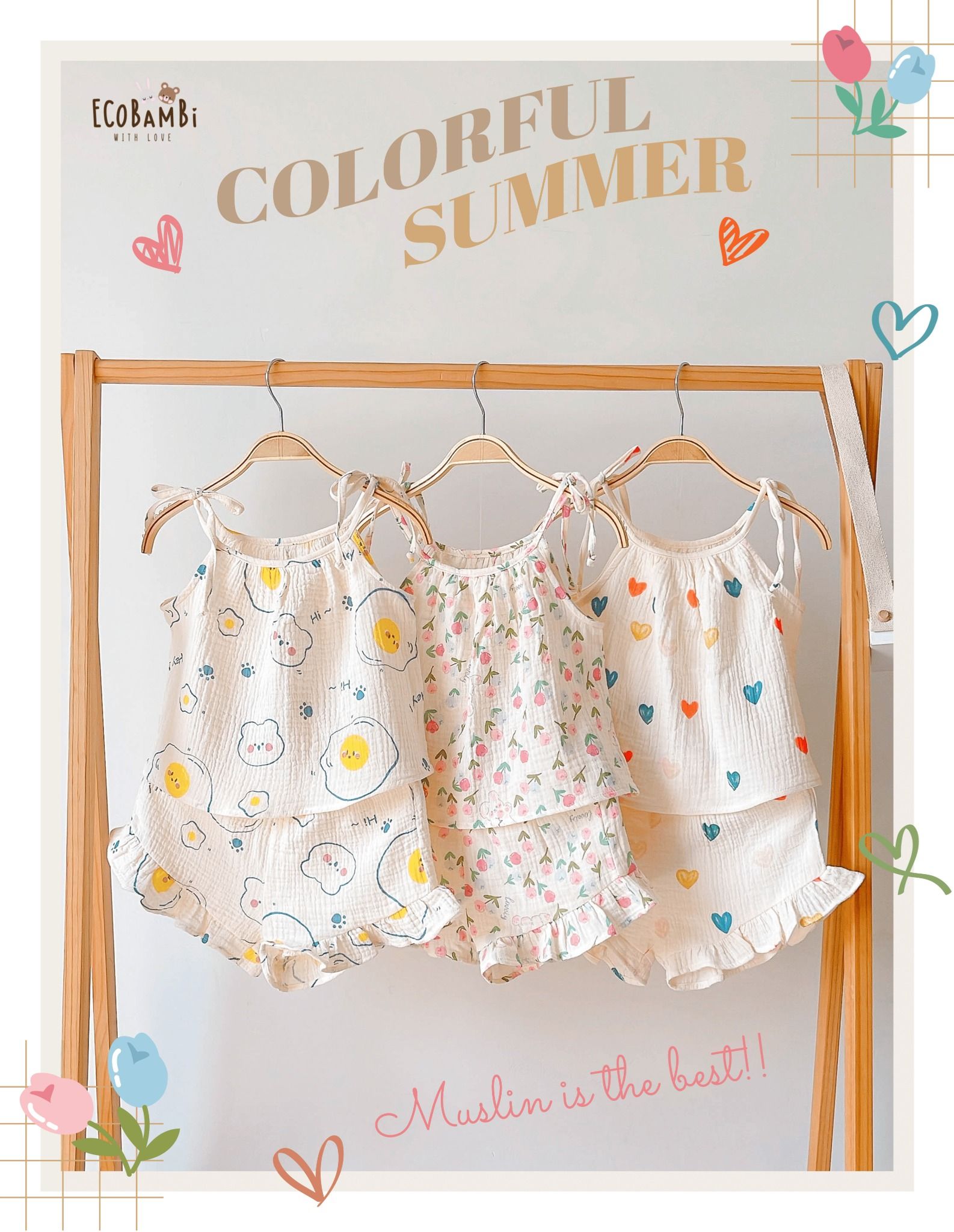 Bộ 2 dây CỔ YẾM, quần short cotton muslin in hoạ tiết đáng yêu cho bé gái Ecobambi - BB-23BOBG006 - 8935334000957