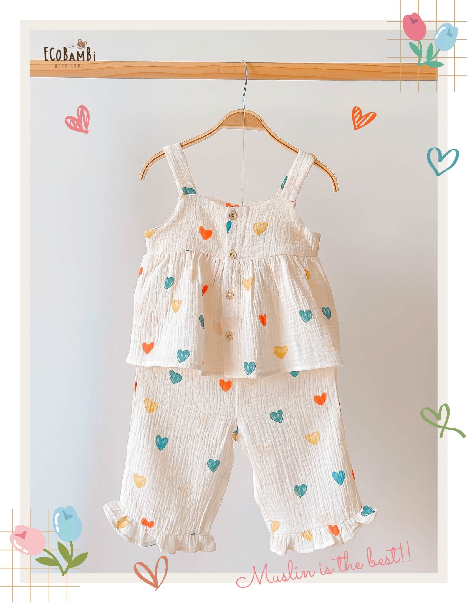 Bộ sát nách, QUẦN LỬNG cotton MUSLIN in hoạ tiết đáng yêu cho bé gái Ecobambi - BB-23BOBG007