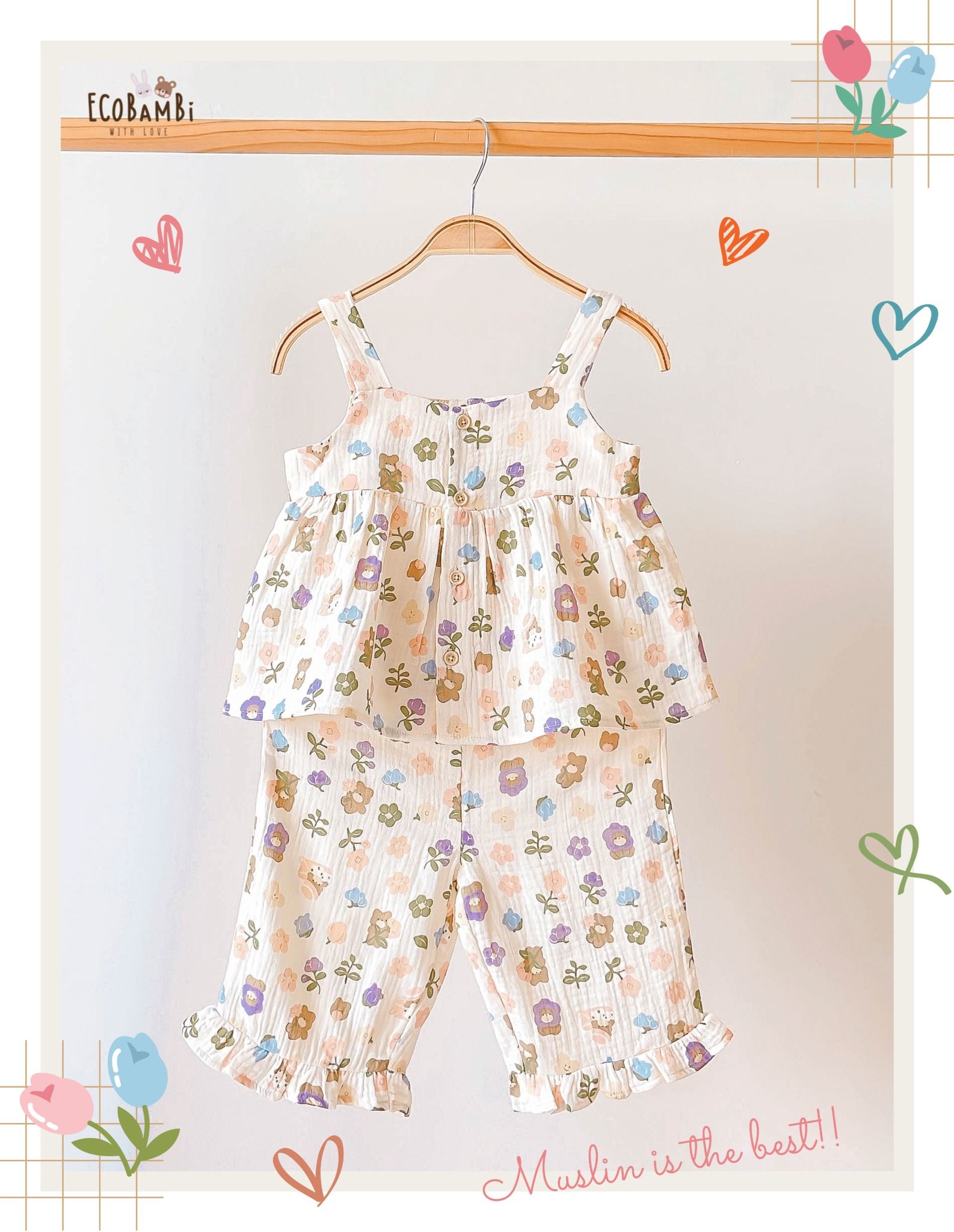Bộ sát nách, QUẦN LỬNG cotton MUSLIN in hoạ tiết đáng yêu cho bé gái Ecobambi - BB-23BOBG007