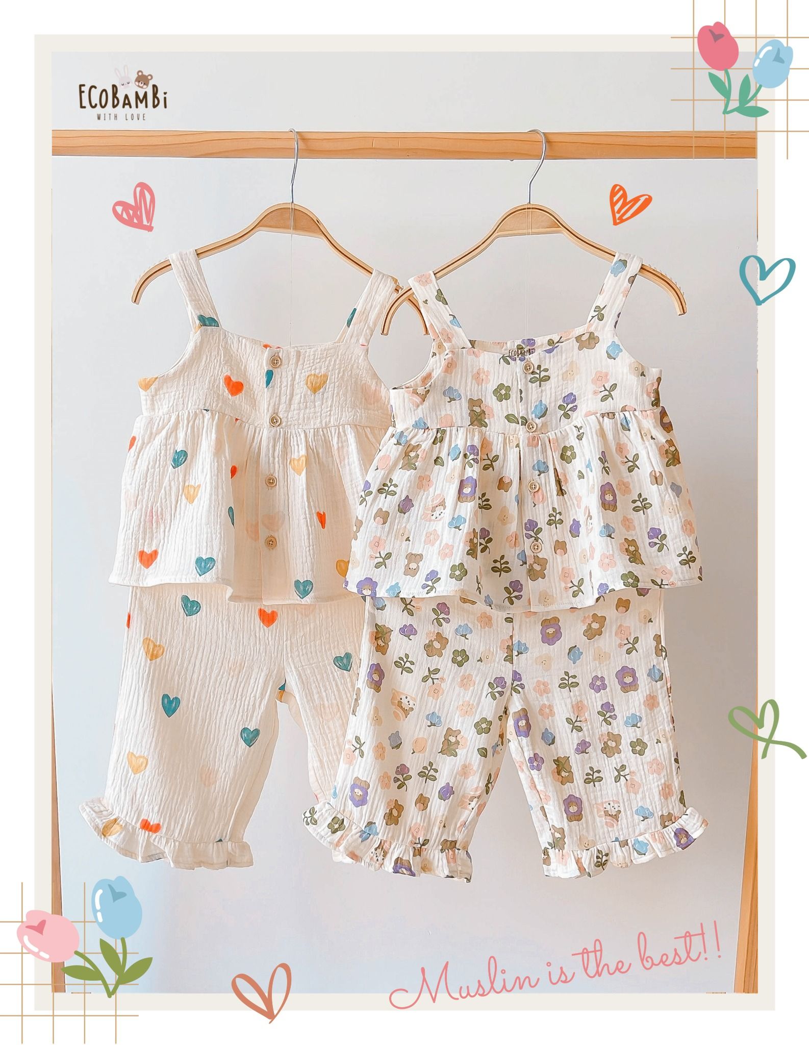 Bộ sát nách, QUẦN LỬNG cotton MUSLIN in hoạ tiết đáng yêu cho bé gái Ecobambi - BB-23BOBG007