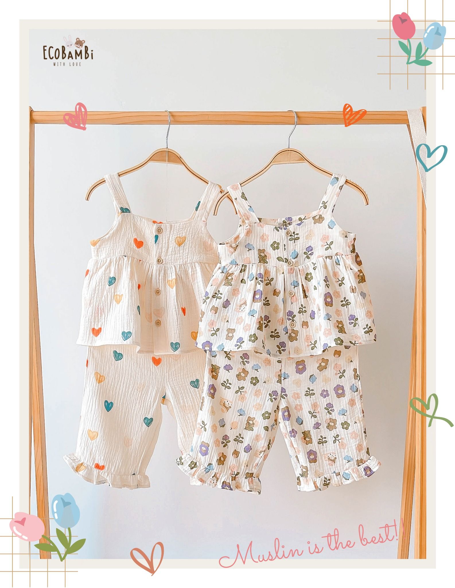 Bộ sát nách, QUẦN LỬNG cotton MUSLIN in hoạ tiết đáng yêu cho bé gái Ecobambi - BB-23BOBG007
