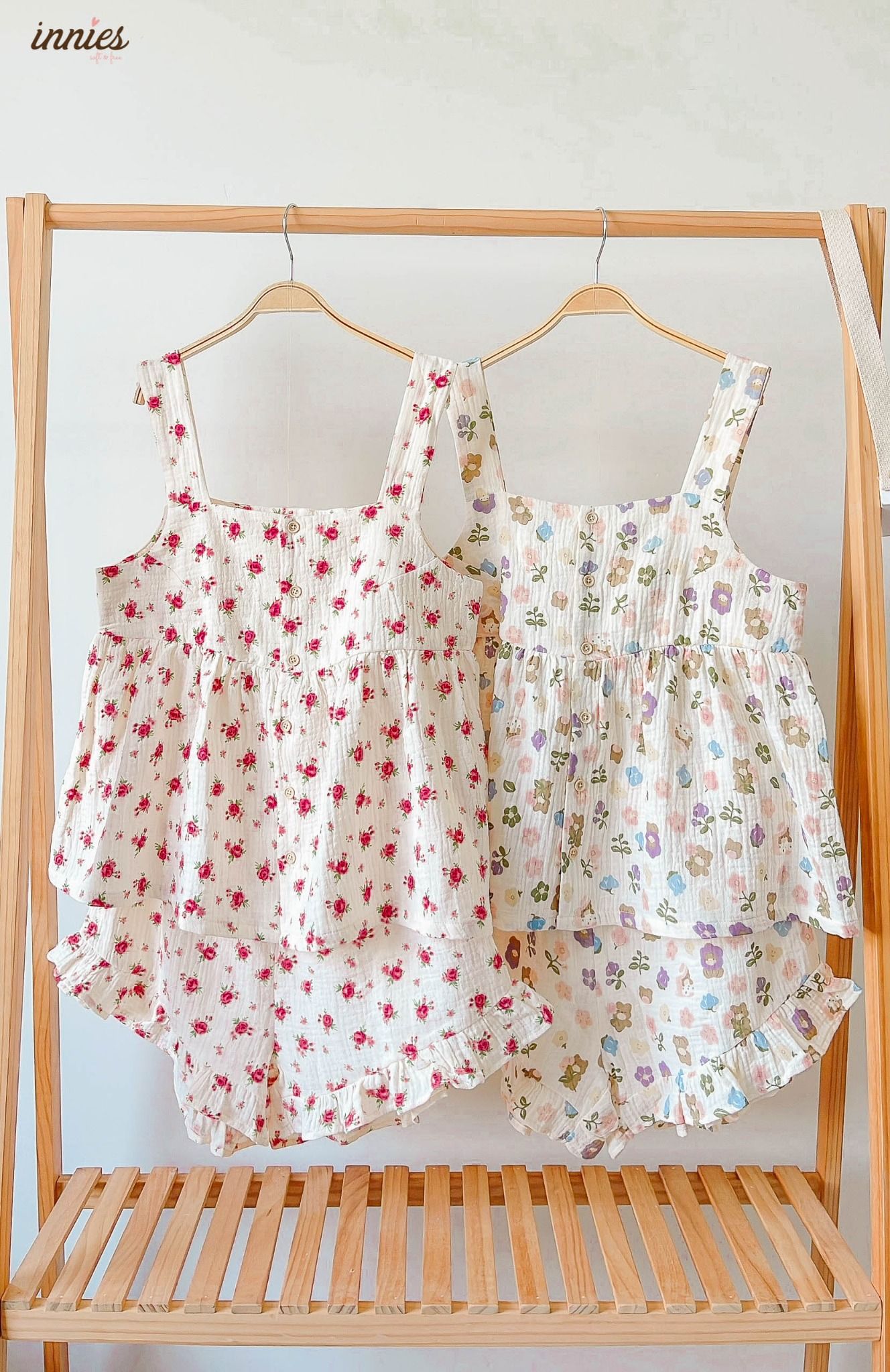 Bộ cotton muslin sát nách nút cài giữa - quần shorts bèo mặc nhà nữ Innies - IN-23BONU001 - 8935334000926