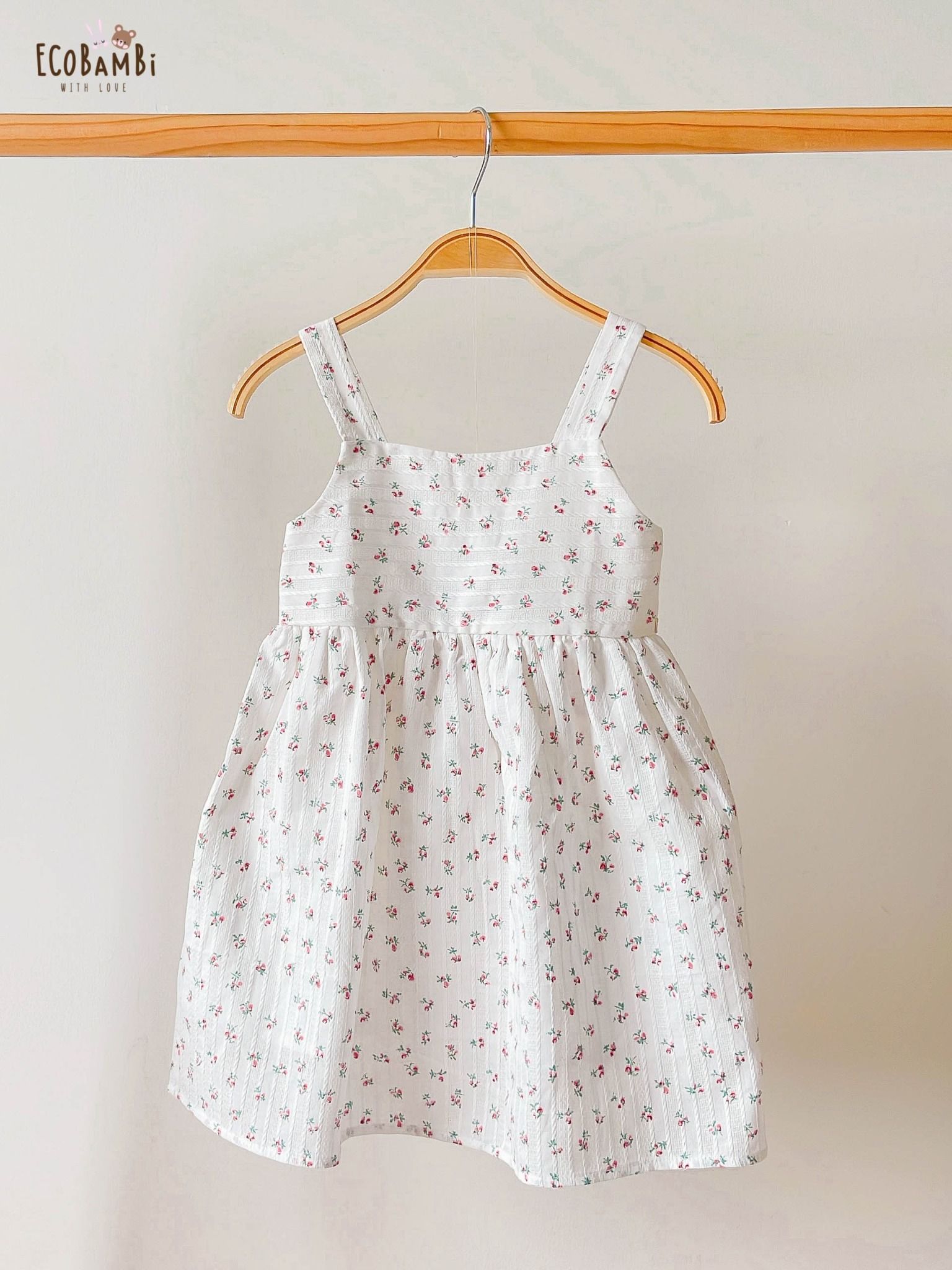 Đầm babydoll hai dây cotton thêu in hoạ tiết dành cho bé gái ECOBAMBI - BB-23DAMBG015