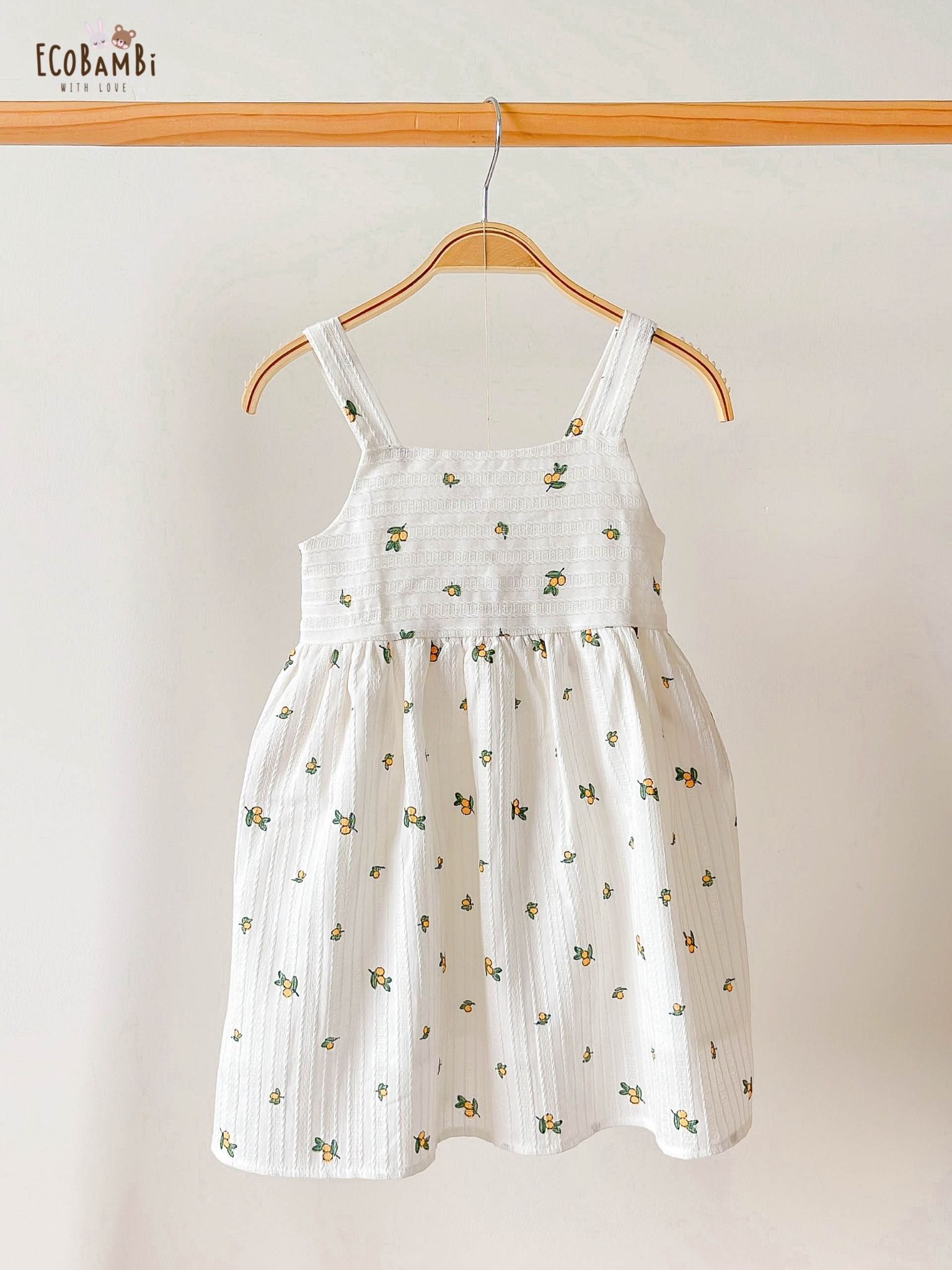 Đầm babydoll hai dây cotton thêu in hoạ tiết dành cho bé gái ECOBAMBI - BB-23DAMBG015