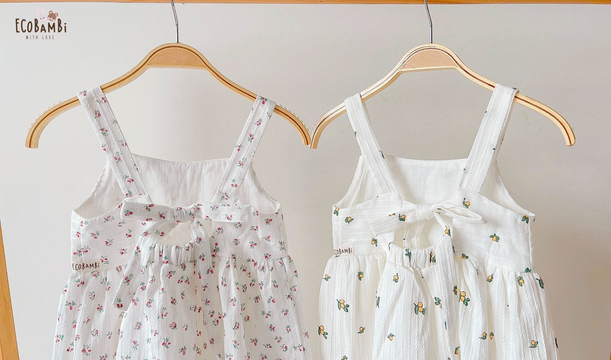 Đầm babydoll hai dây cotton thêu in hoạ tiết dành cho bé gái ECOBAMBI - BB-23DAMBG015
