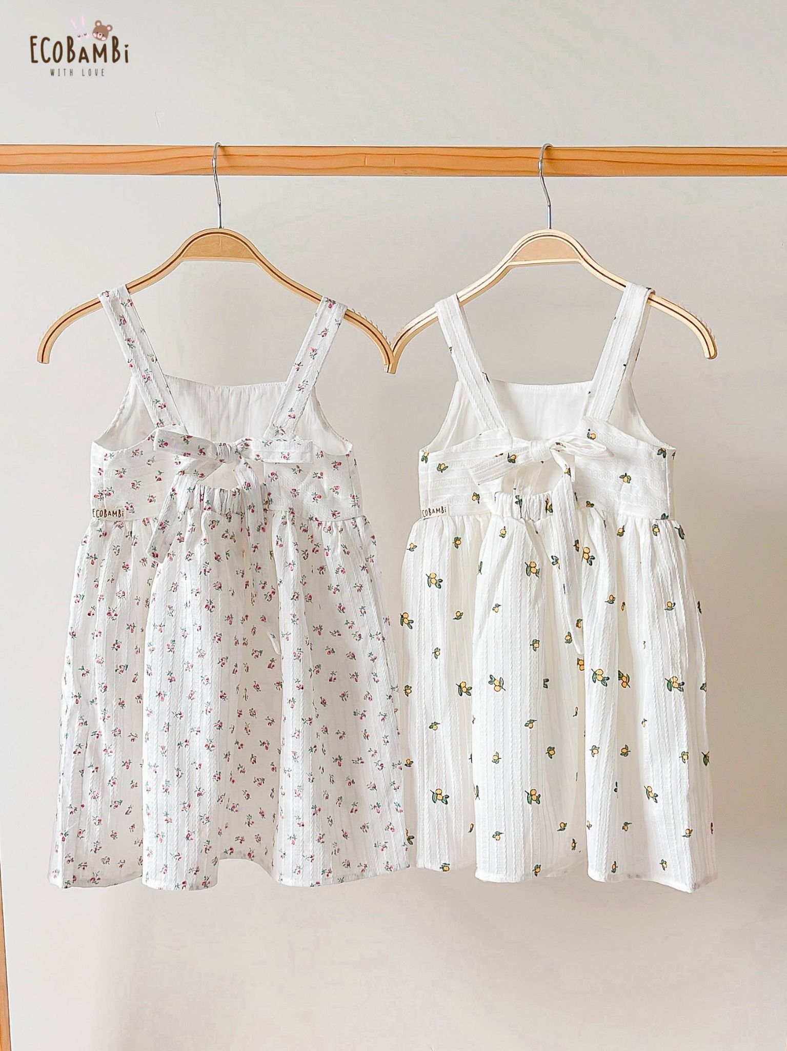 Đầm babydoll hai dây cotton thêu in hoạ tiết dành cho bé gái ECOBAMBI - BB-23DAMBG015